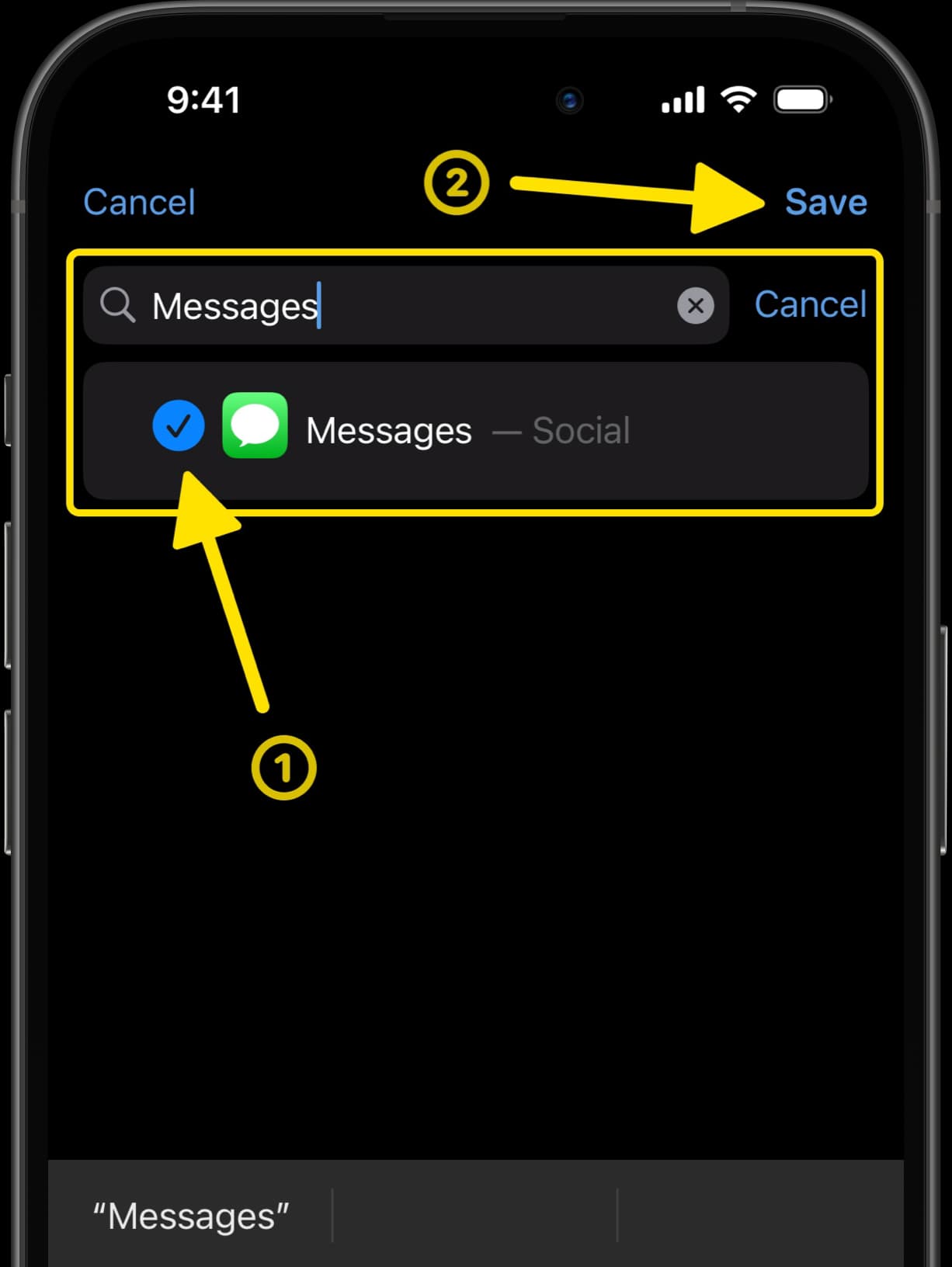 Search for Messages in Screen Time list with arrow pointing to Save button after selection.