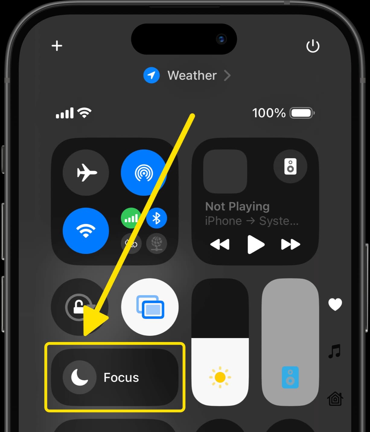 iPhone Control Center with arrow pointing to the Focus mode button.