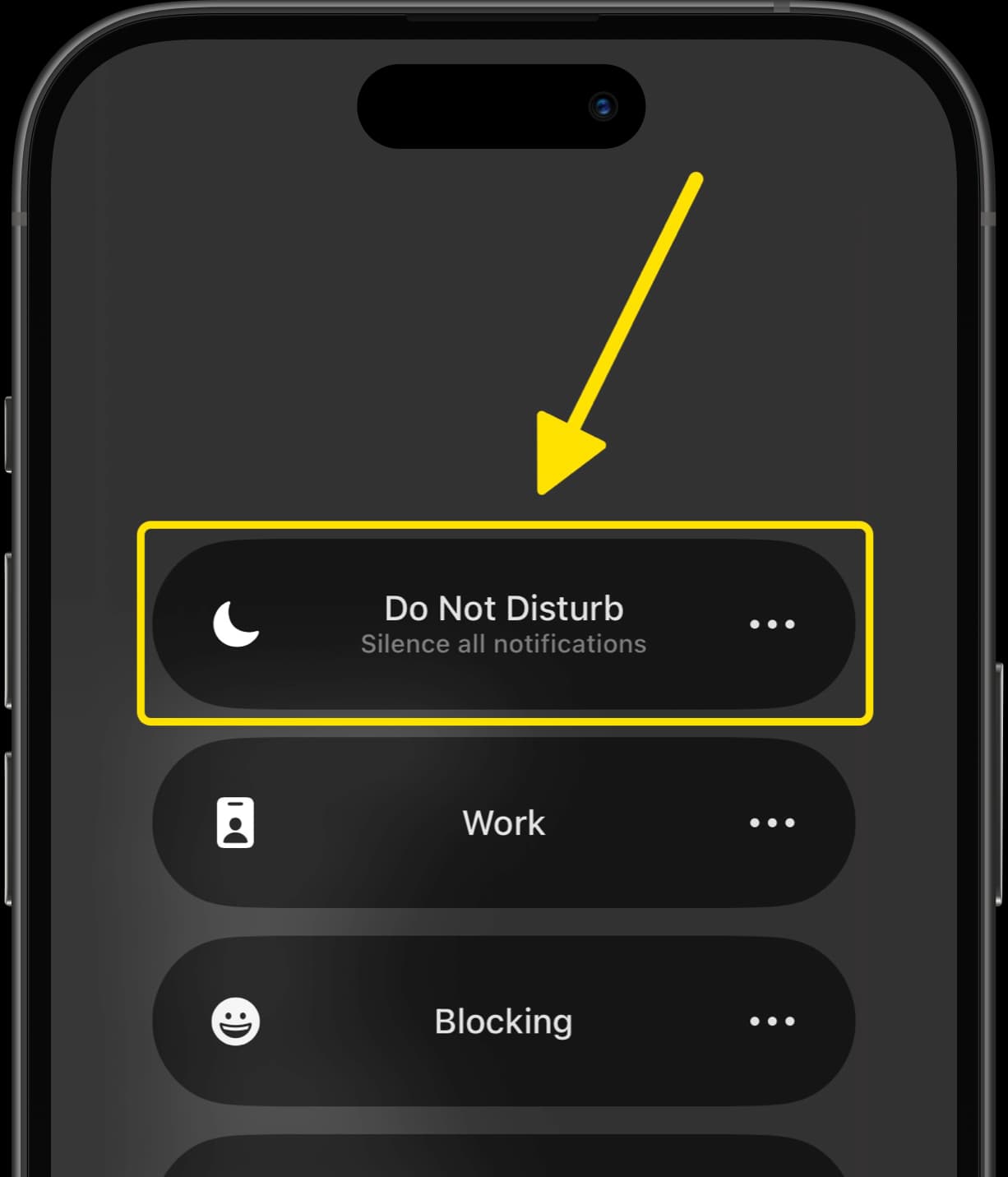 Focus mode options with arrow pointing to Do Not Disturb selection.