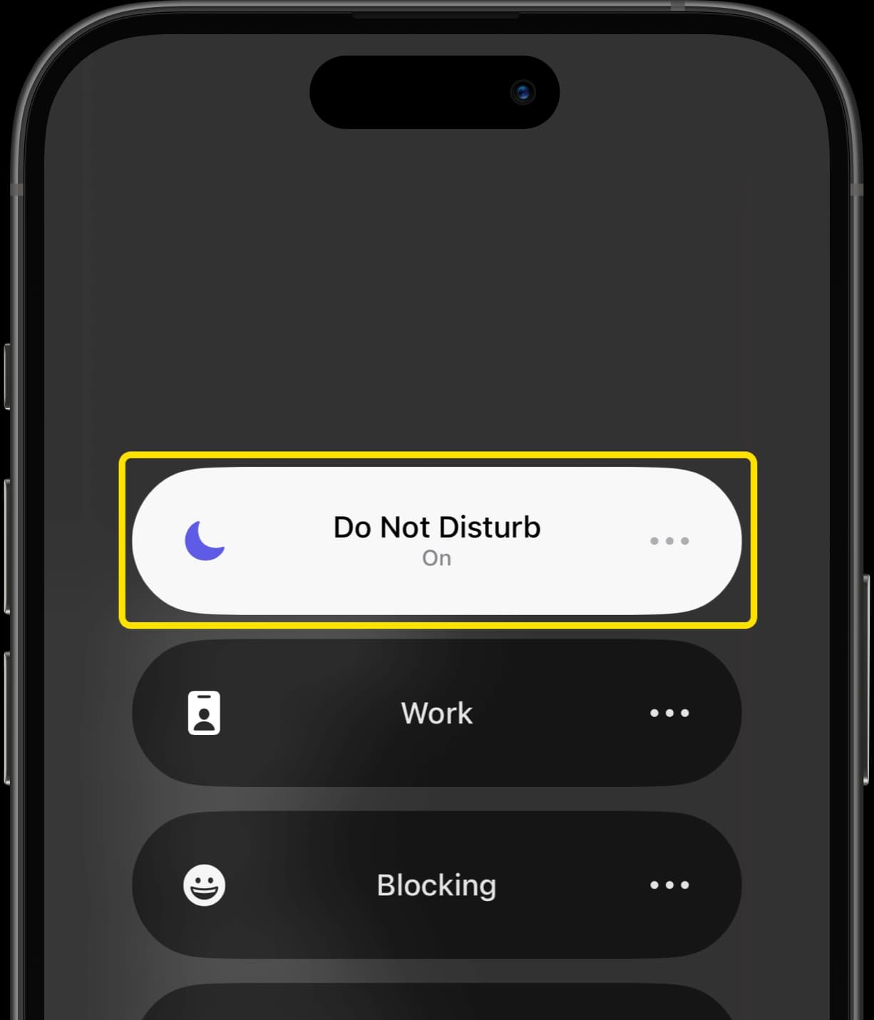 Do Not Disturb mode activated, displayed at the top of the Focus mode options.