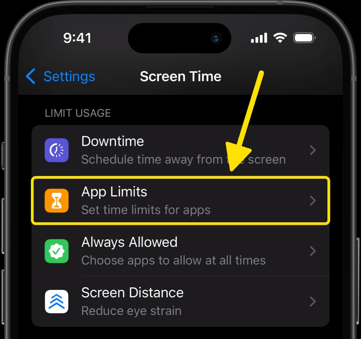 Screen Time settings with an arrow pointing to App Limits option.