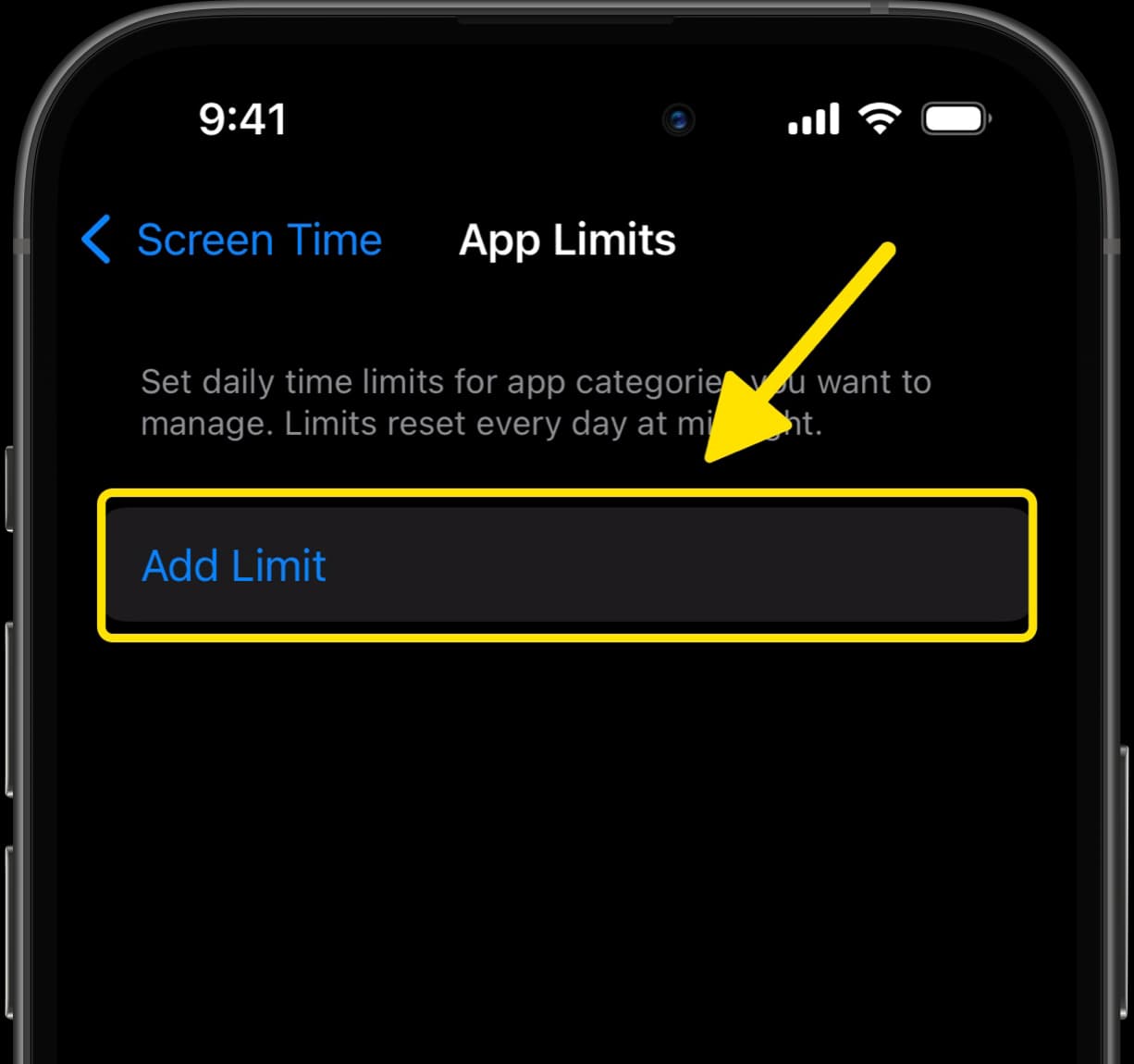 App Limits screen with an arrow indicating the Add Limit button.