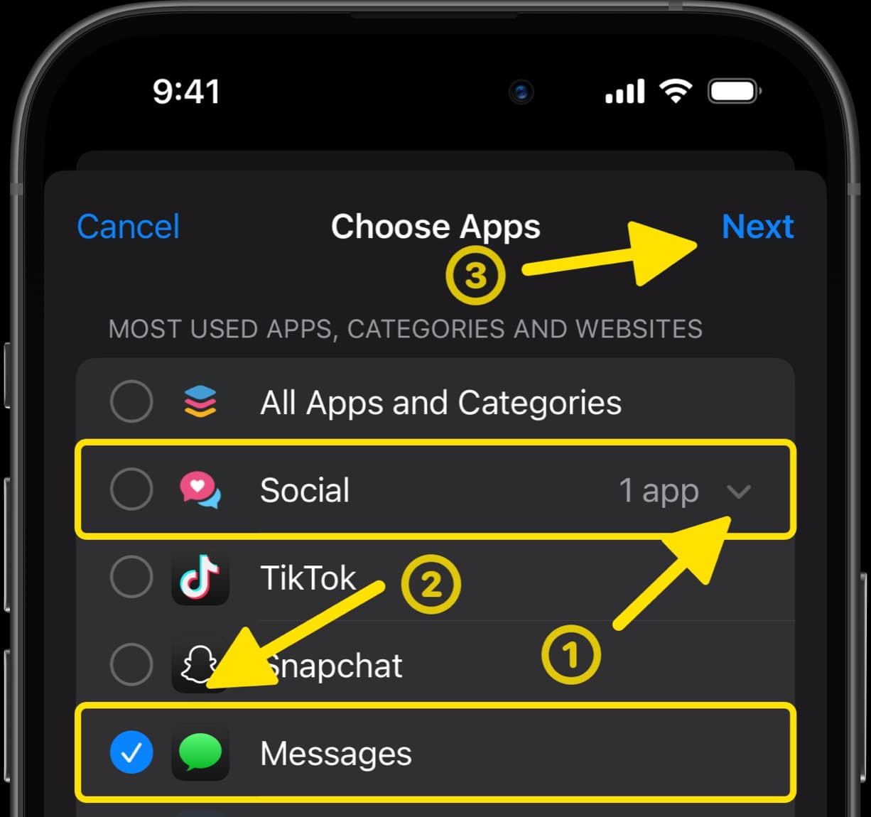 Choose Apps screen, highlighting Messages under Social category with steps to select and proceed.