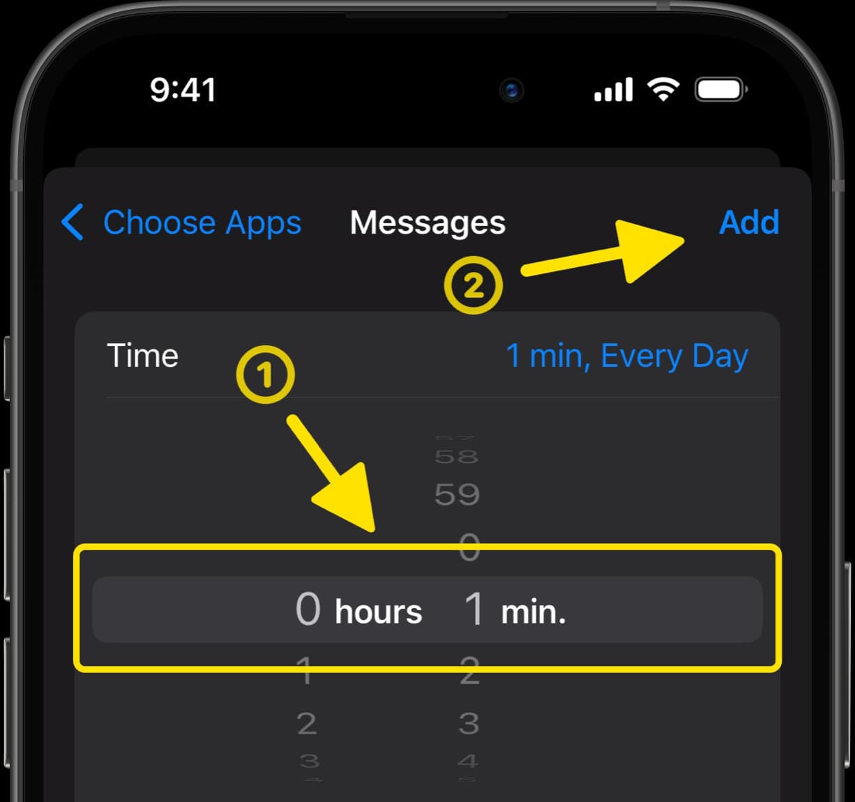 Set time limit for Messages to 1 minute with arrows indicating the time selection and Add button.