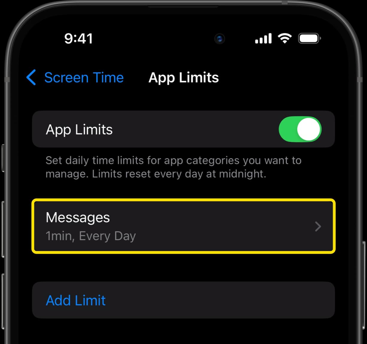 App Limits screen showing Messages set for 1 minute every day.