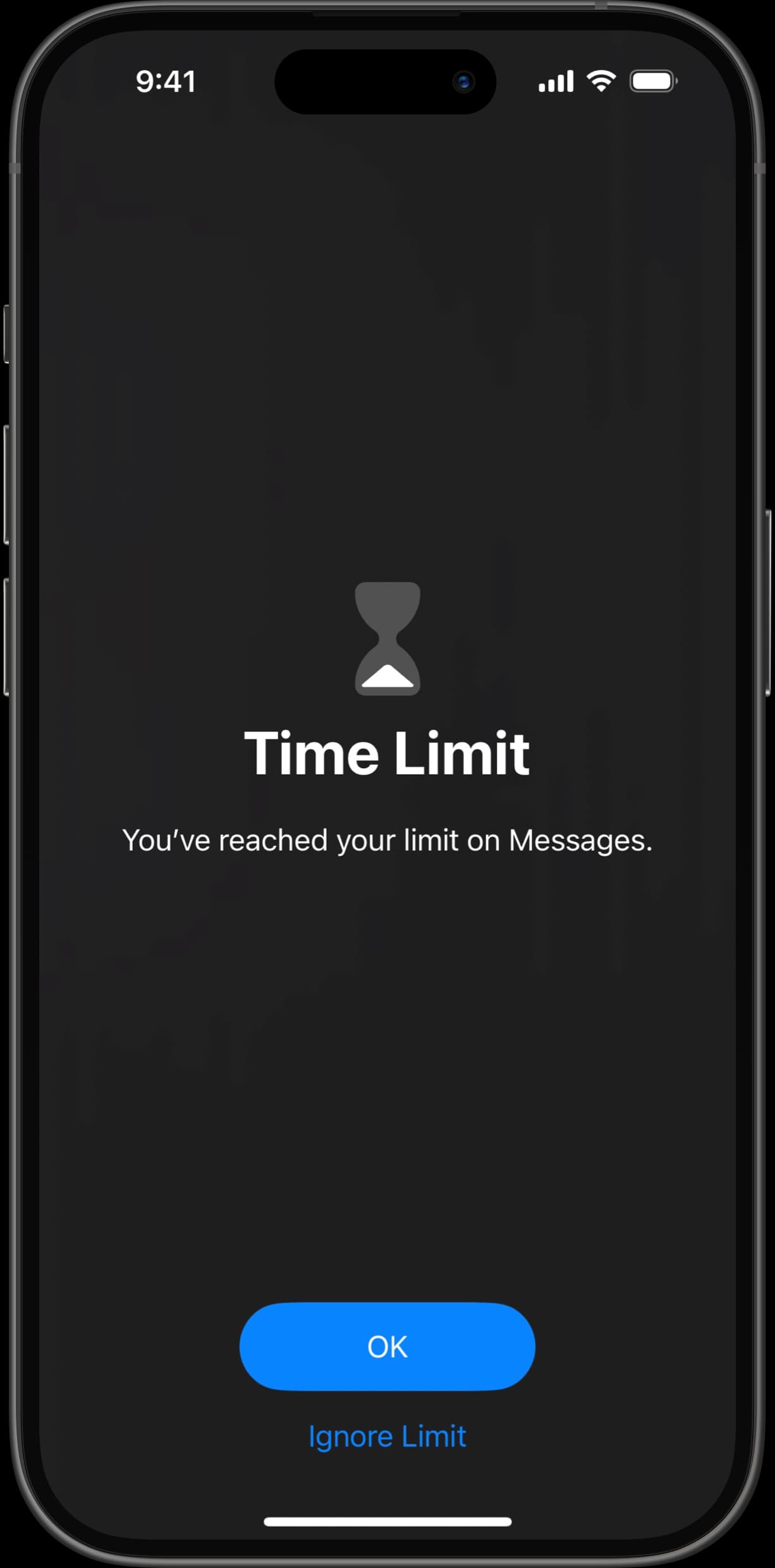 Time Limit notification on iPhone indicating Messages usage limit reached.