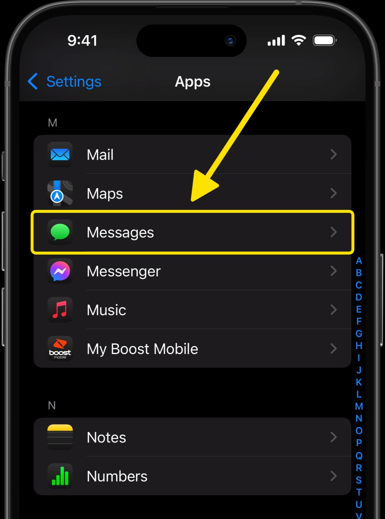 Apps settings screen with arrow pointing to Messages option.