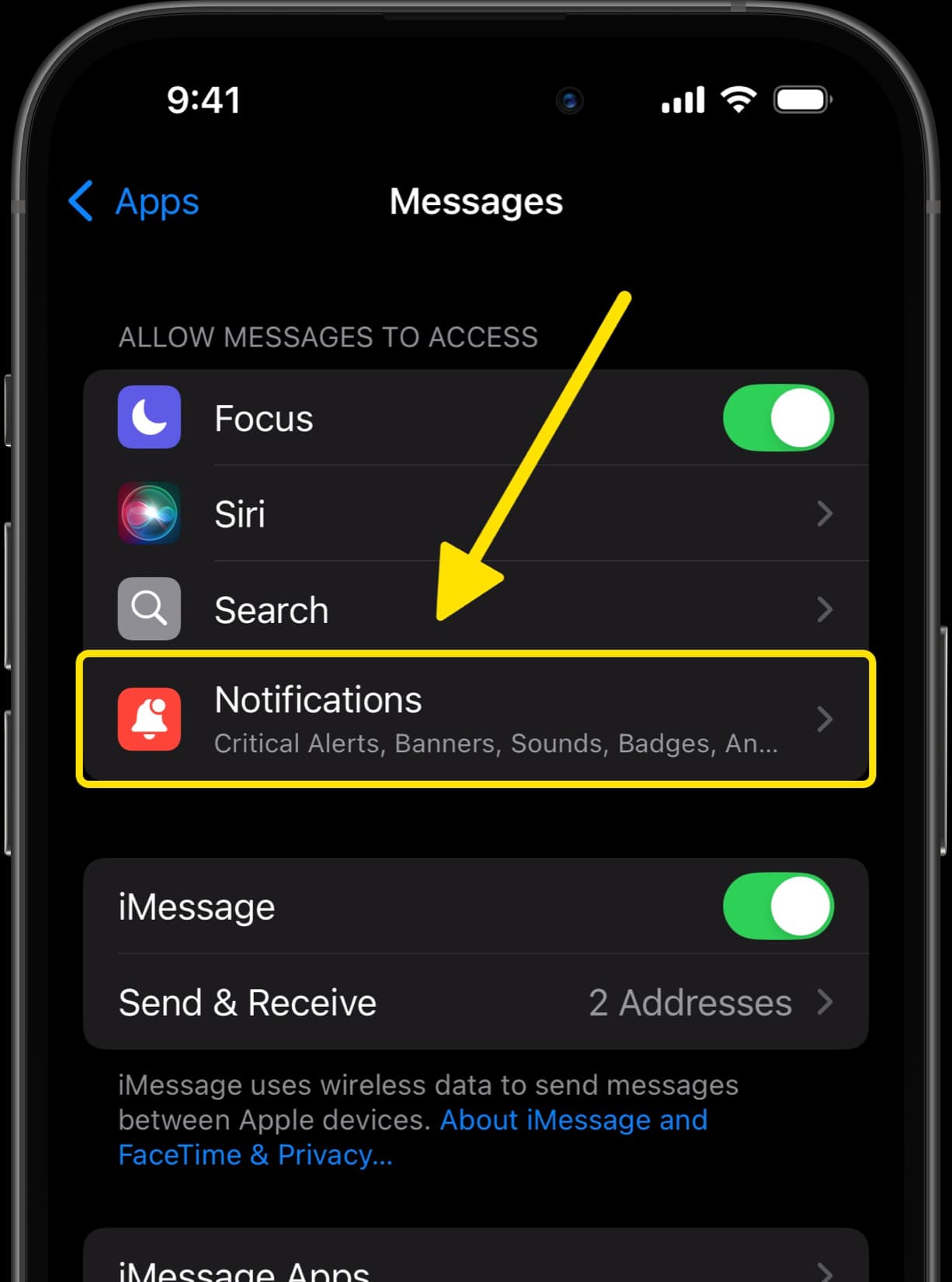 Messages settings with arrow pointing to Notifications option.