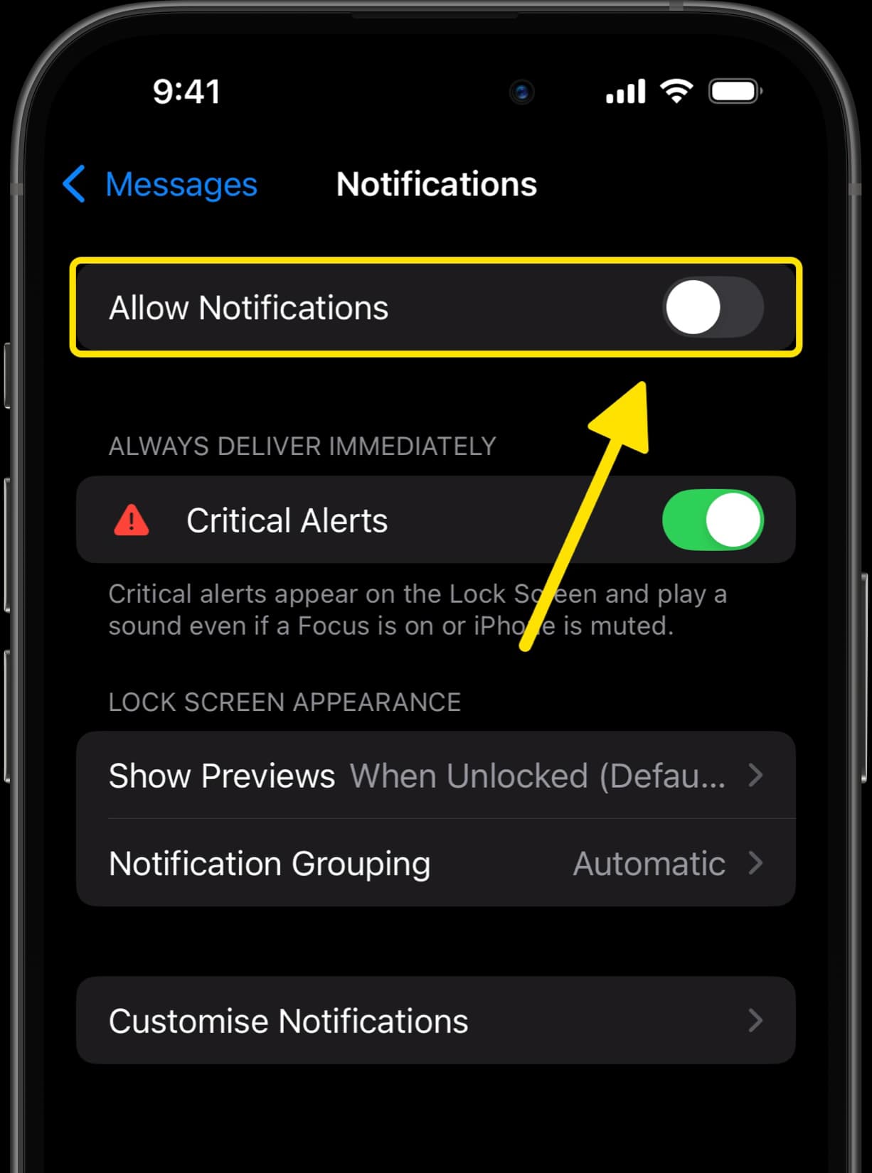 Messages Notifications settings with arrow pointing to Allow Notifications toggle switched off.