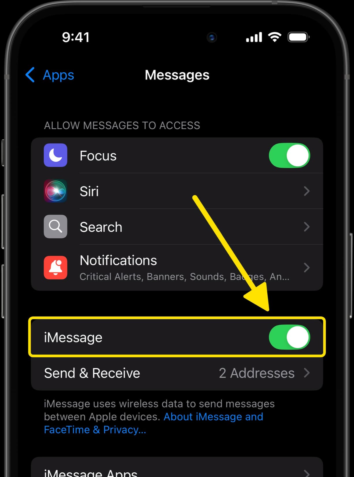 Messages Notifications settings with arrow pointing to iMessage toggle switched on.