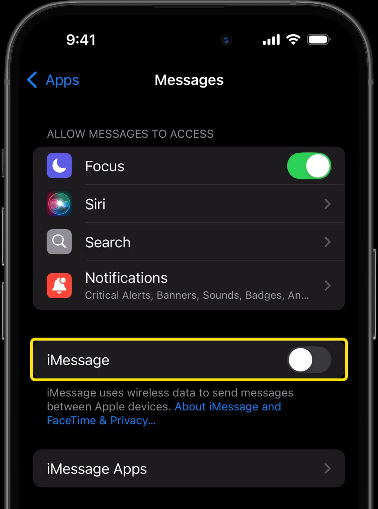 Messages Notifications settings with arrow pointing to iMessage toggle switched off.