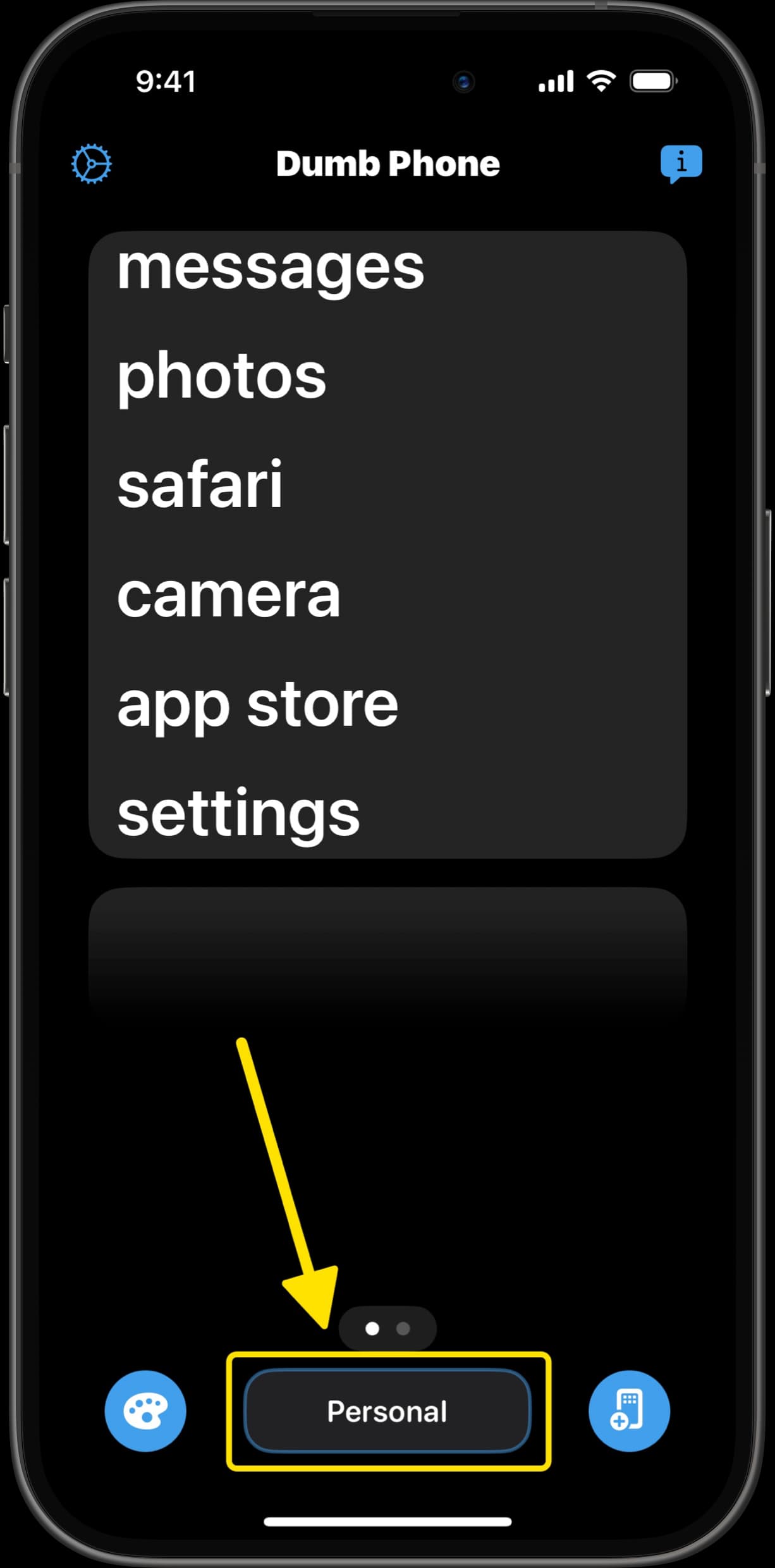 Dumb Phone app interface showing a list of apps, with arrow pointing to Personal tab.