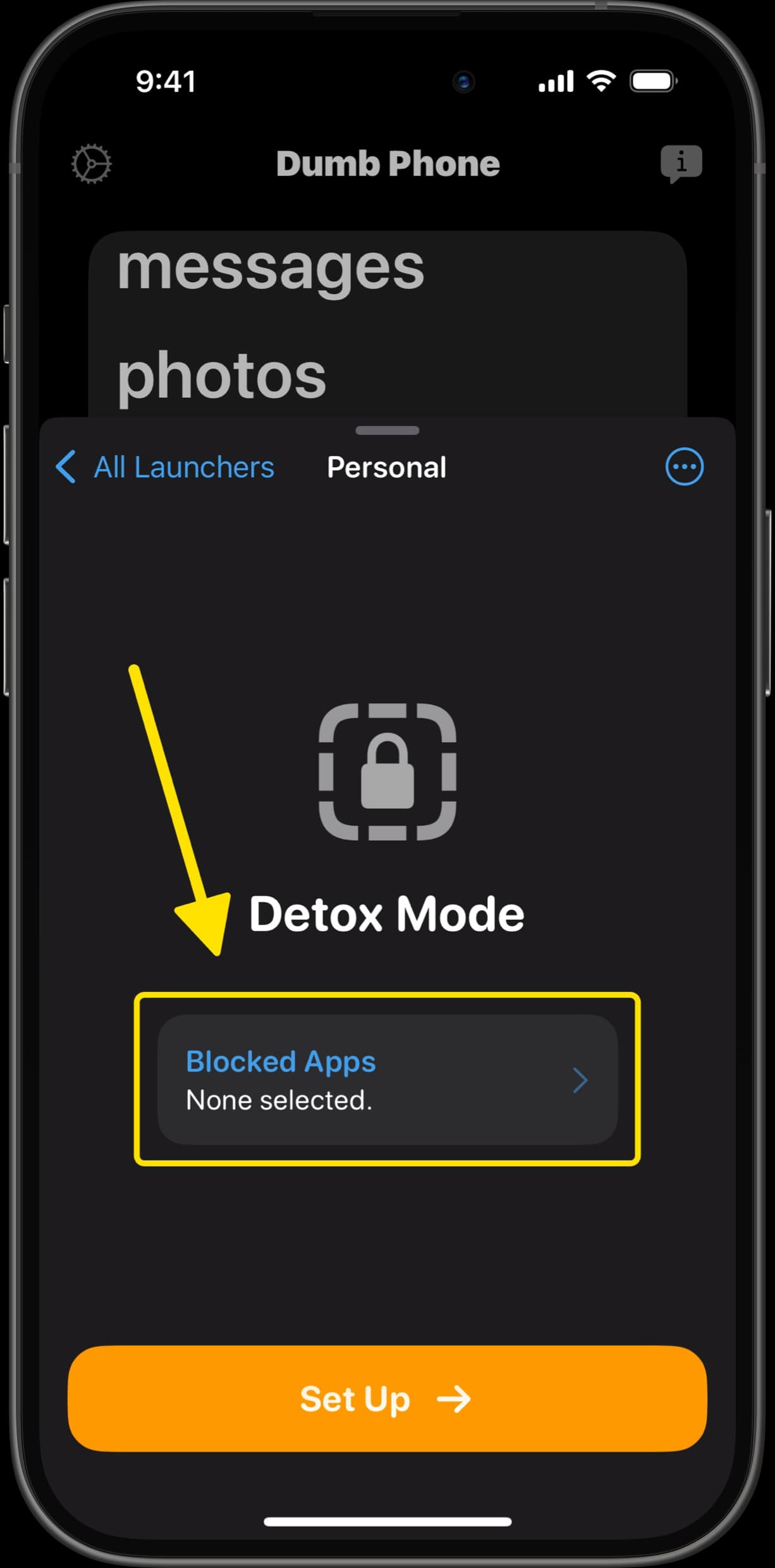 Dumb Phone app screen highlighting Detox Mode with an arrow pointing to Blocked Apps option.