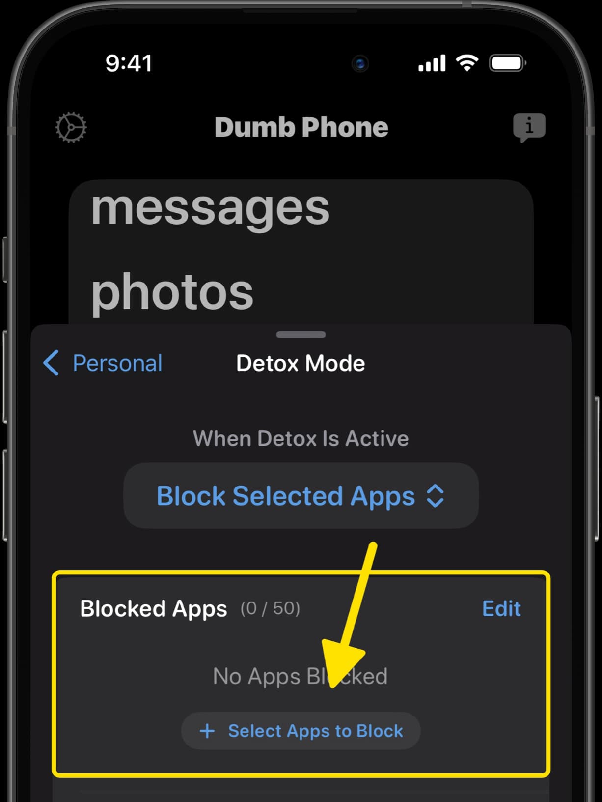 Dumb Phone Detox Mode settings with arrow pointing to Select Apps to Block option.