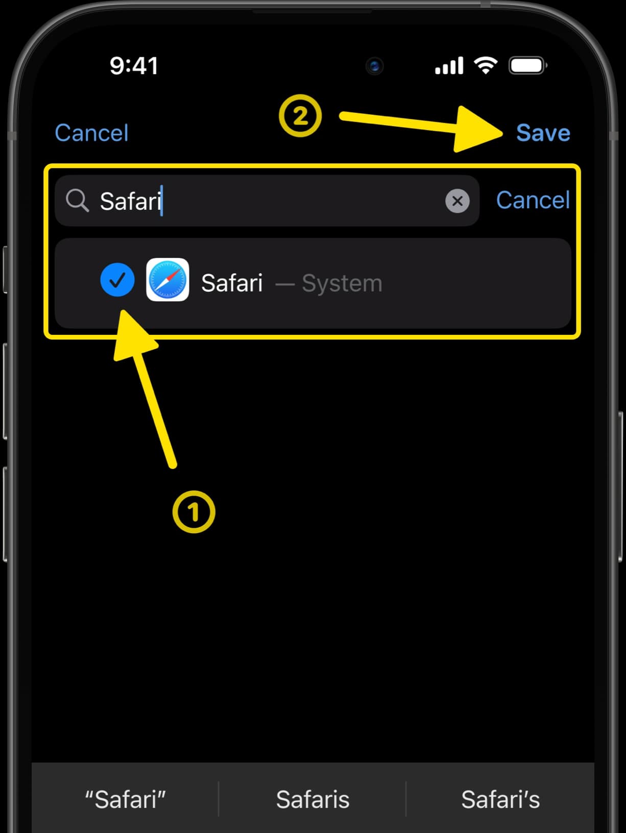 Search and select Safari in Dumb Phone app with arrows pointing to Safari selection and Save button.