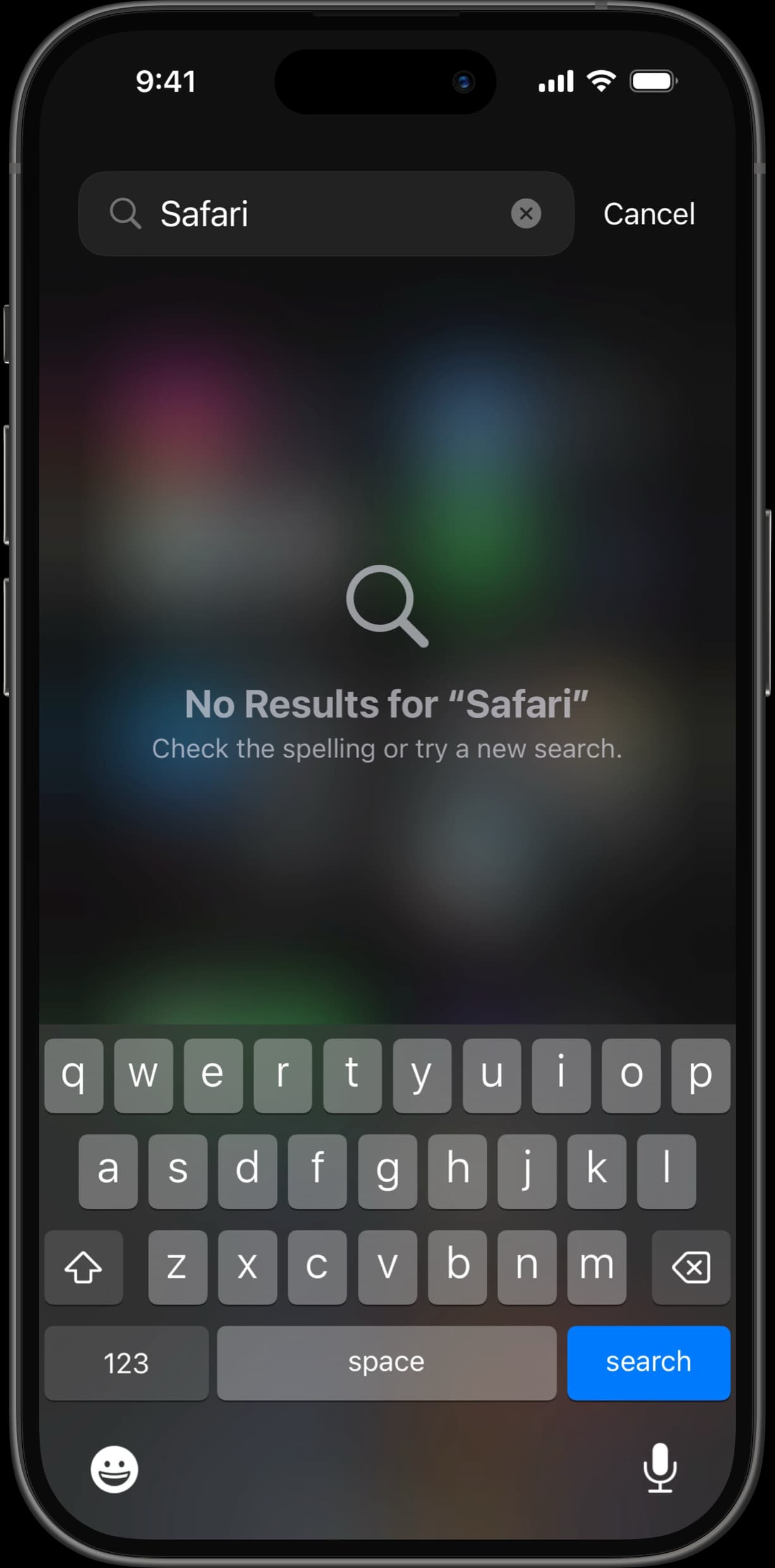 Search screen showing "No Results for Safari" after disabling the app.