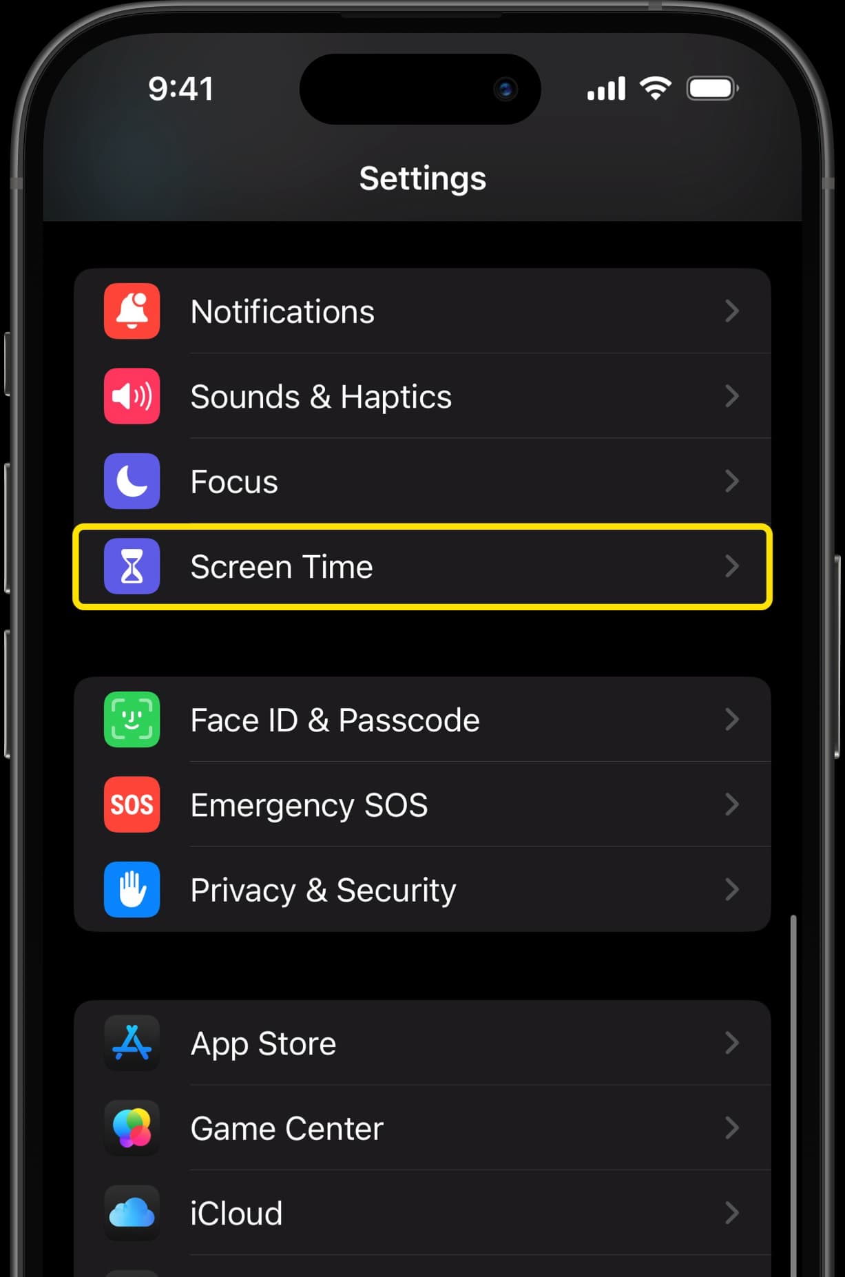 iPhone Settings menu with Screen Time option highlighted.