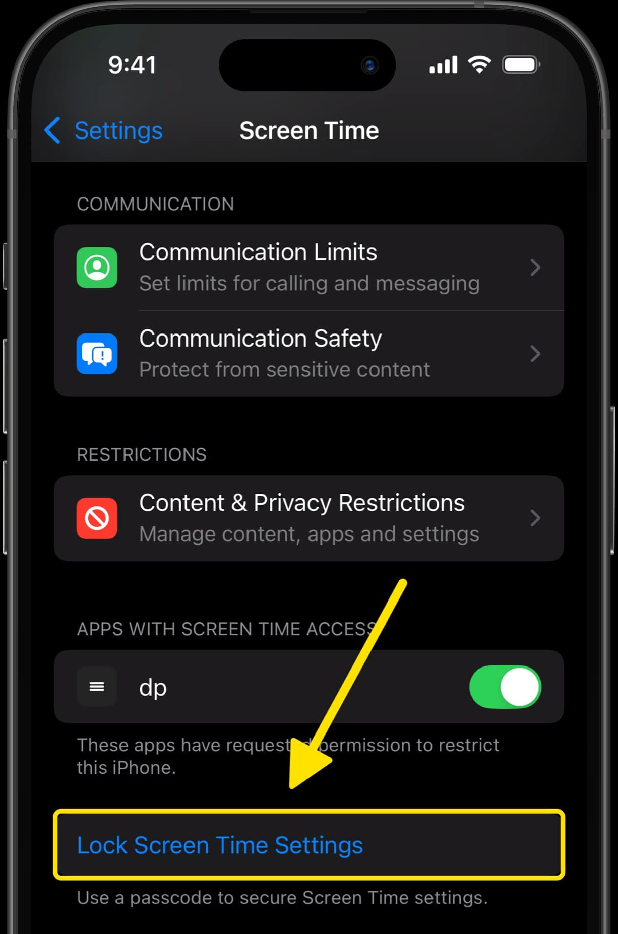 Screen Time settings with arrow pointing to Lock Screen Time Settings option.