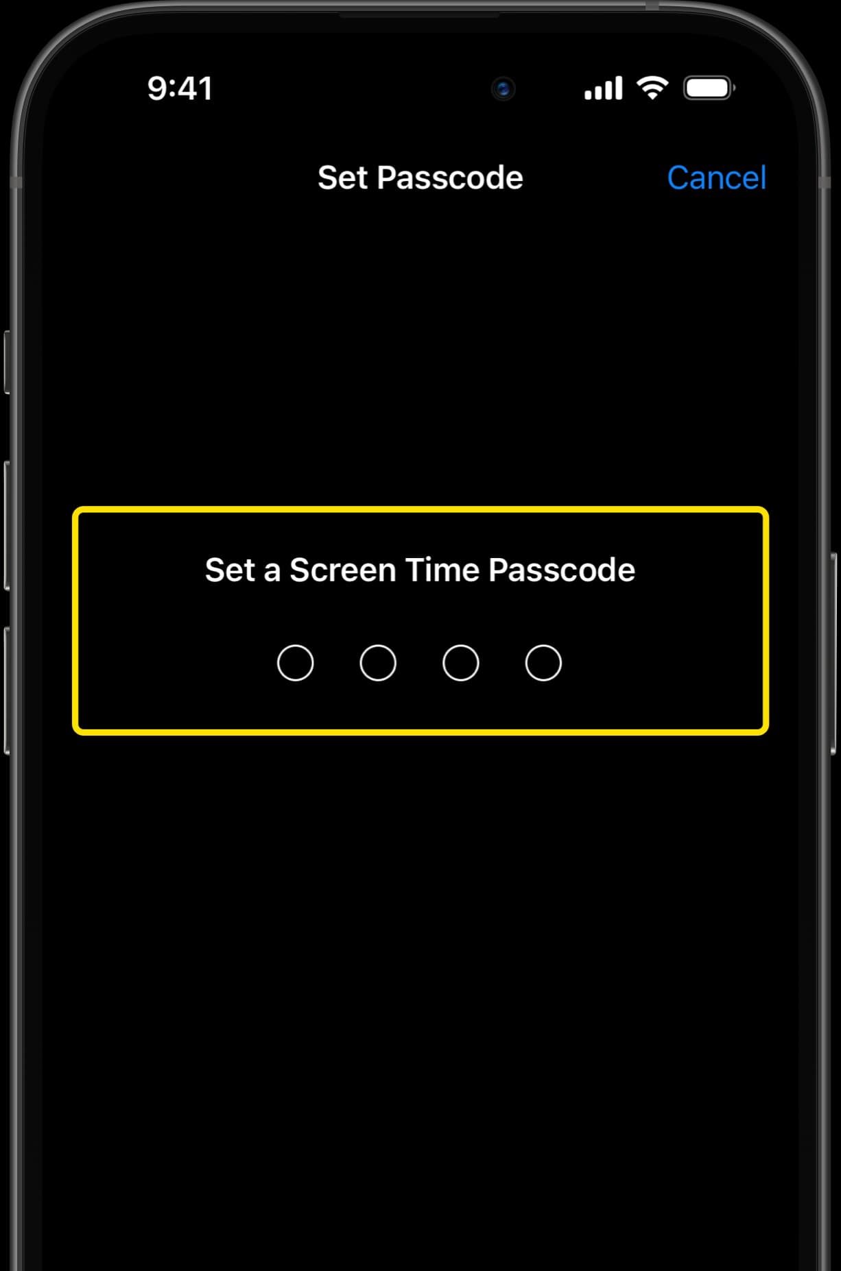 Set Passcode screen with prompt to set a Screen Time passcode highlighted.