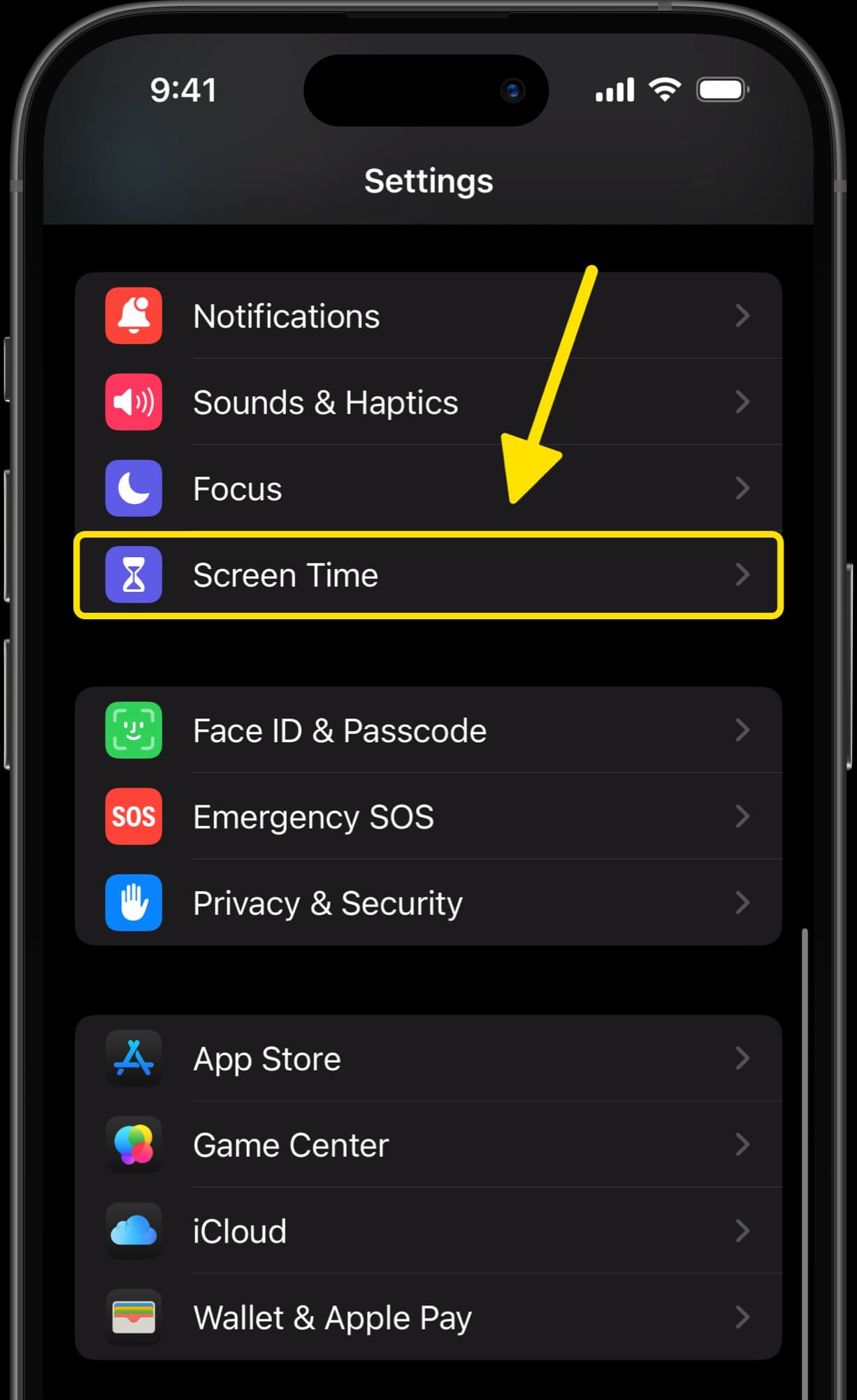 iPhone Settings menu with Screen Time option highlighted.