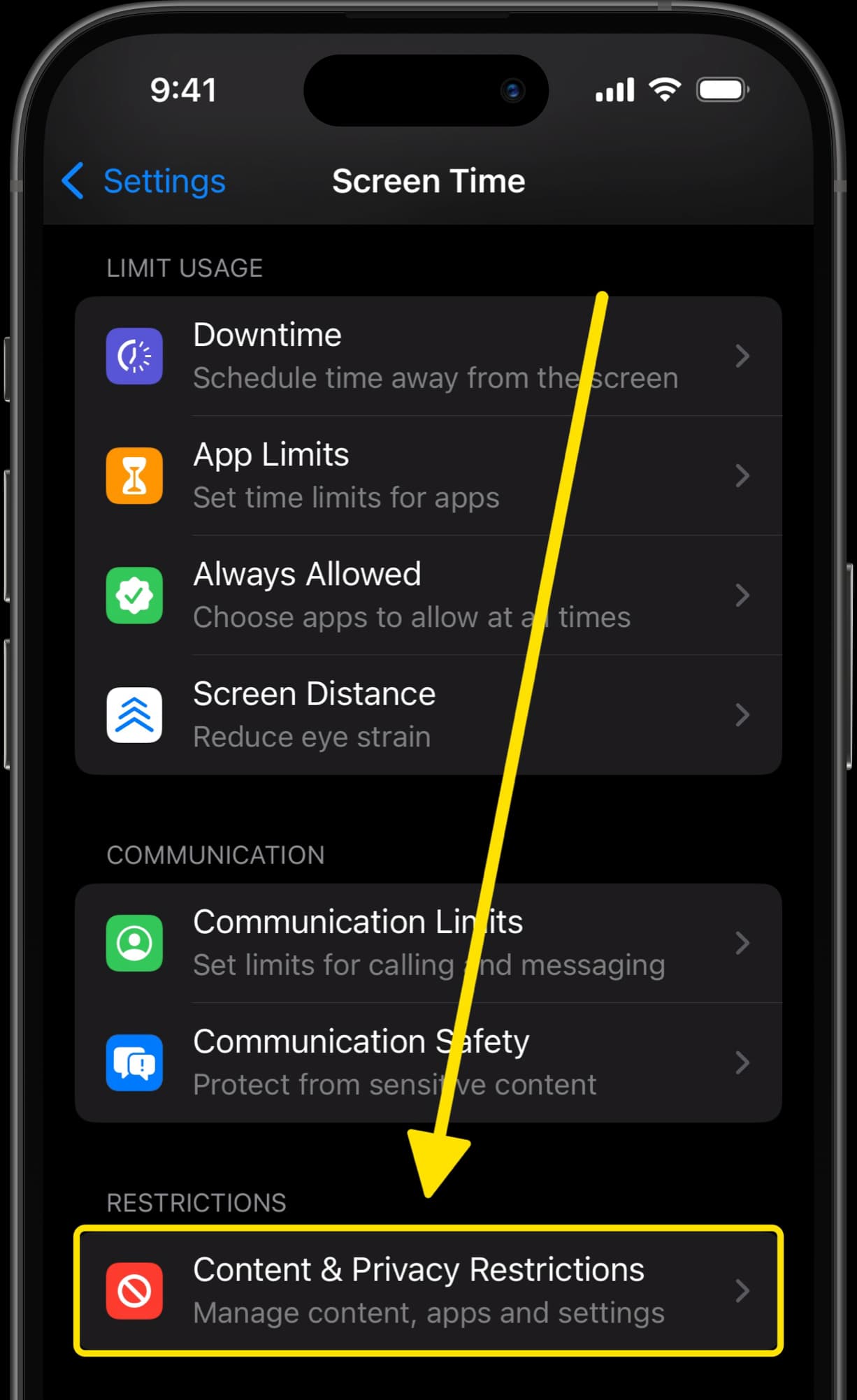 Screen Time settings showing options like Downtime and App Limits, with arrow pointing Content & Privacy Restrictions.