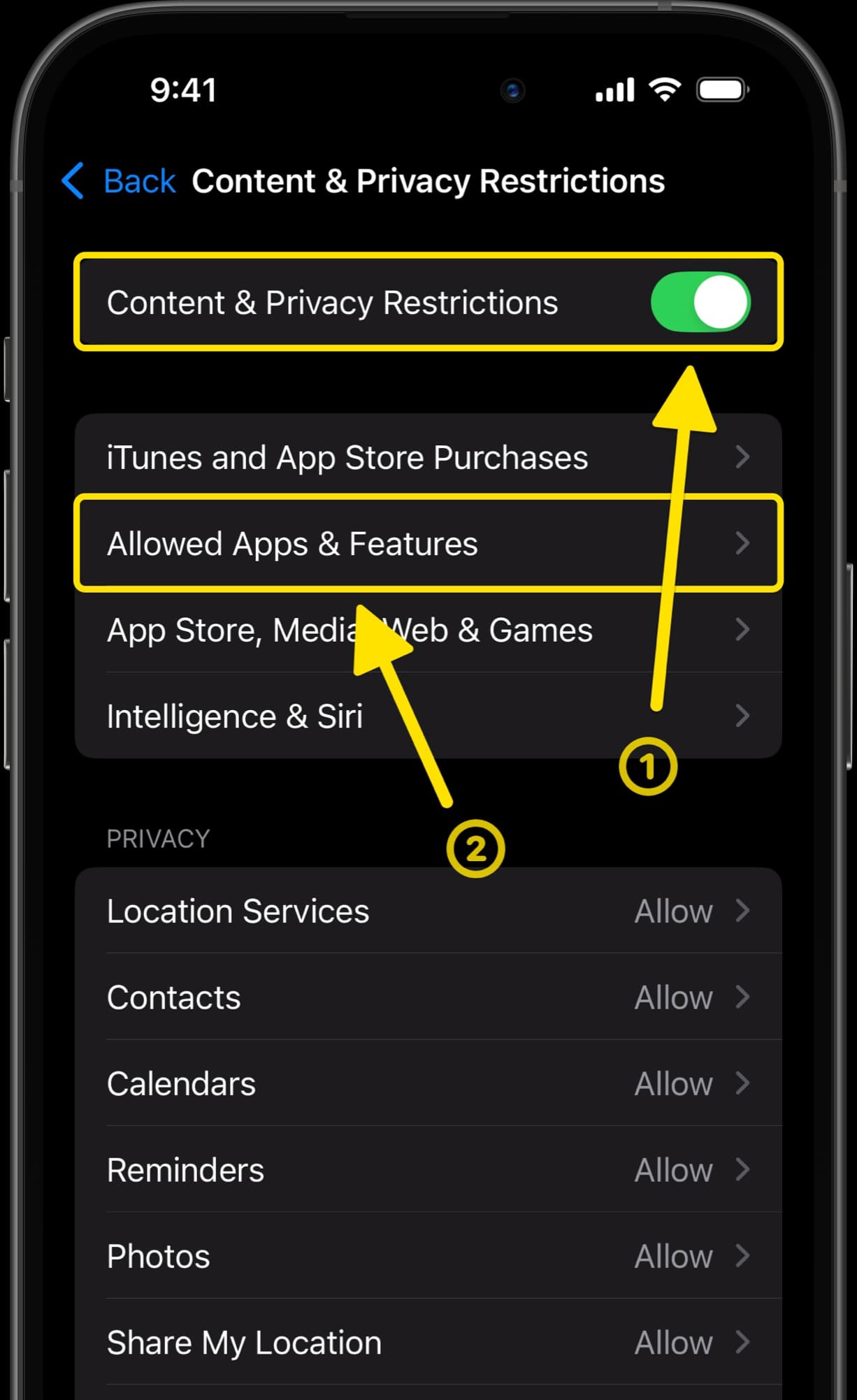 Content & Privacy Restrictions menu with toggle enabled and arrow pointing to Allowed Apps & Features.