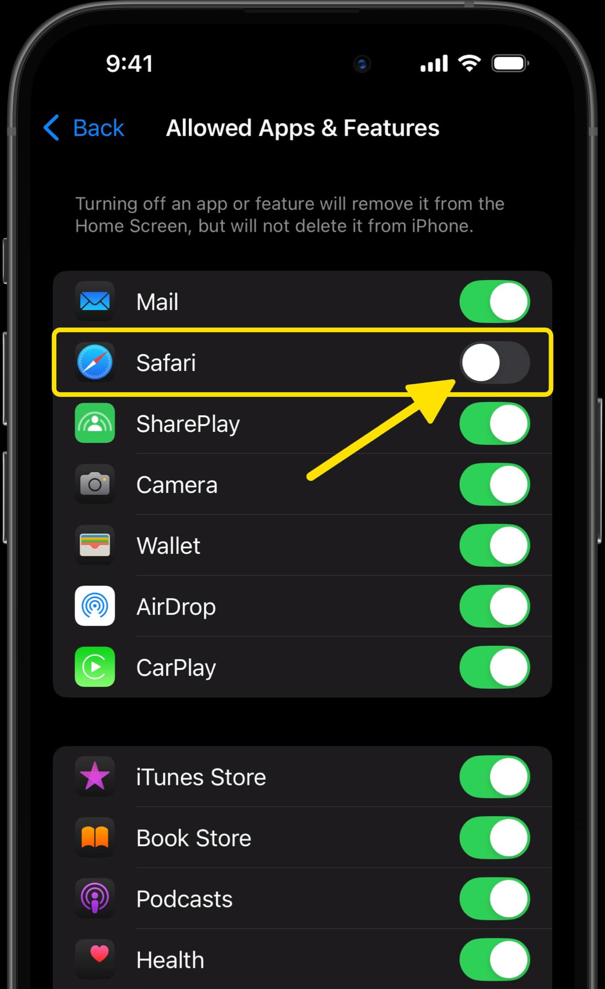 Allowed Apps & Features screen with Safari toggle switched off.