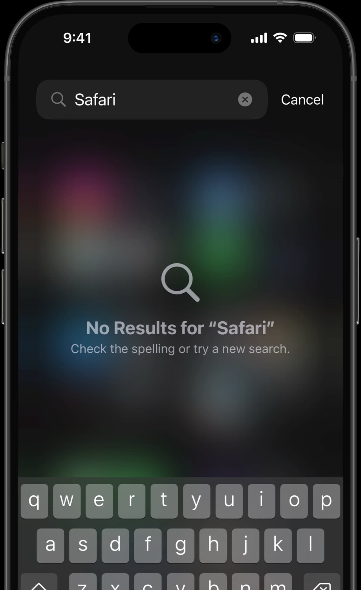 Search screen showing "No Results for Safari" after blocking the app.