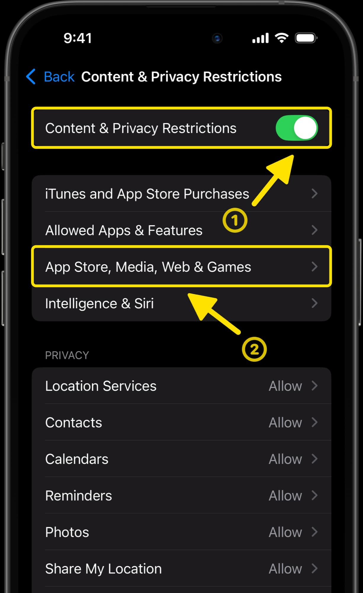 App Store, Media, Web & Games settings with arrow pointing to Web Content option.