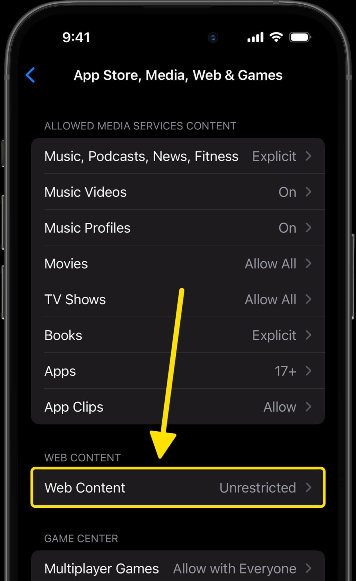 Web Content settings with Limit Adult Websites option selected and highlighted.