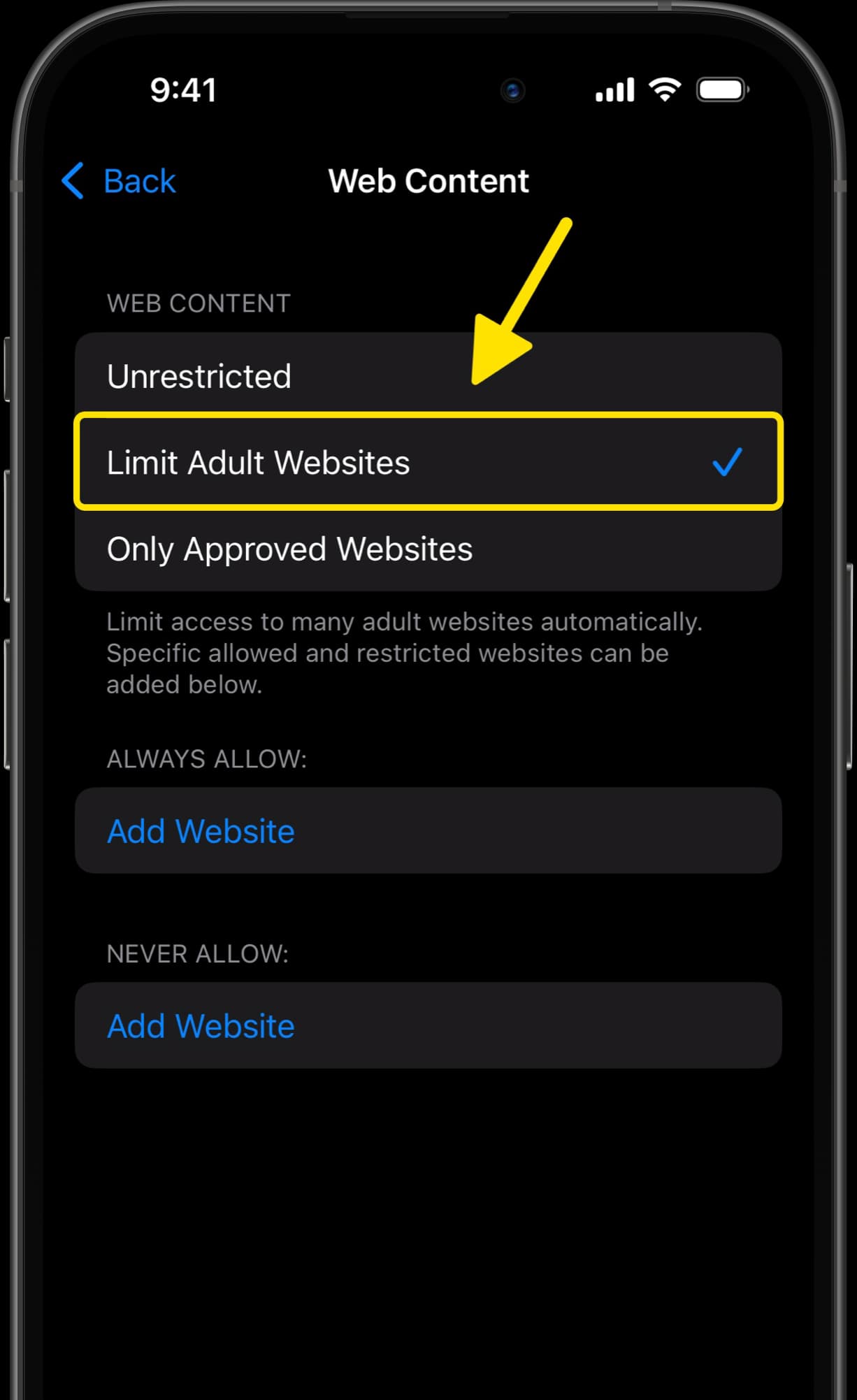 Content & Privacy Restrictions menu with enabled toggle and arrow pointing to App Store, Media, Web & Games.