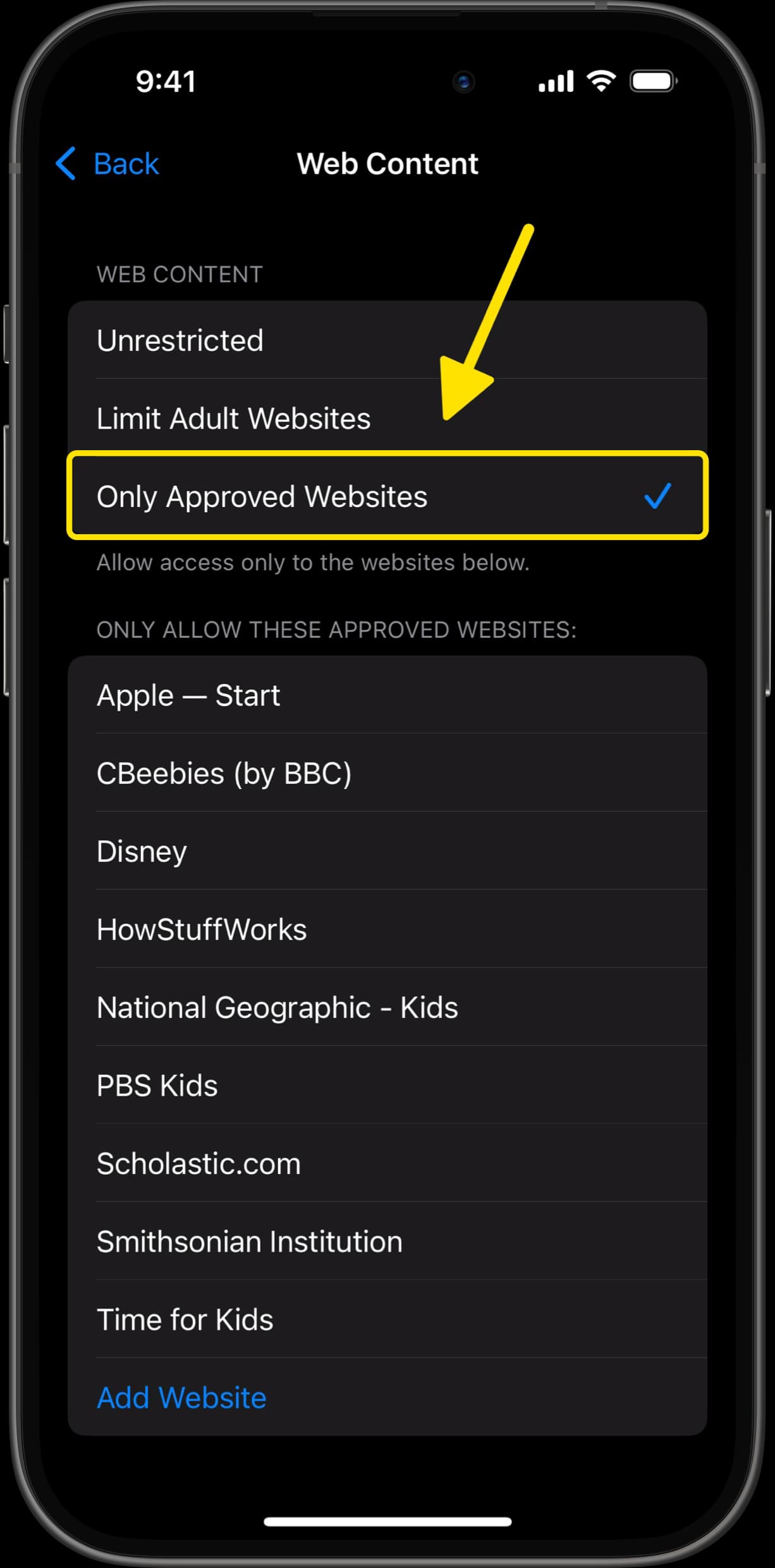 Web Content settings with Only Approved Websites option selected, showing a list of approved sites.