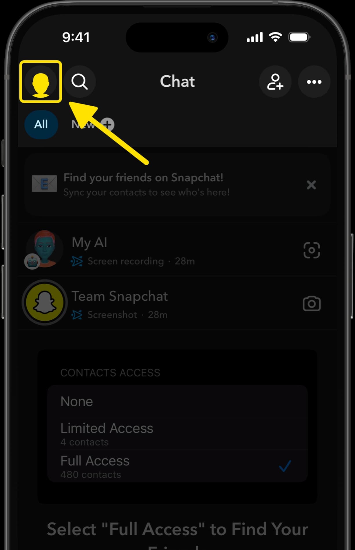 Snapchat chat screen with arrow pointing to profile icon at the top left.