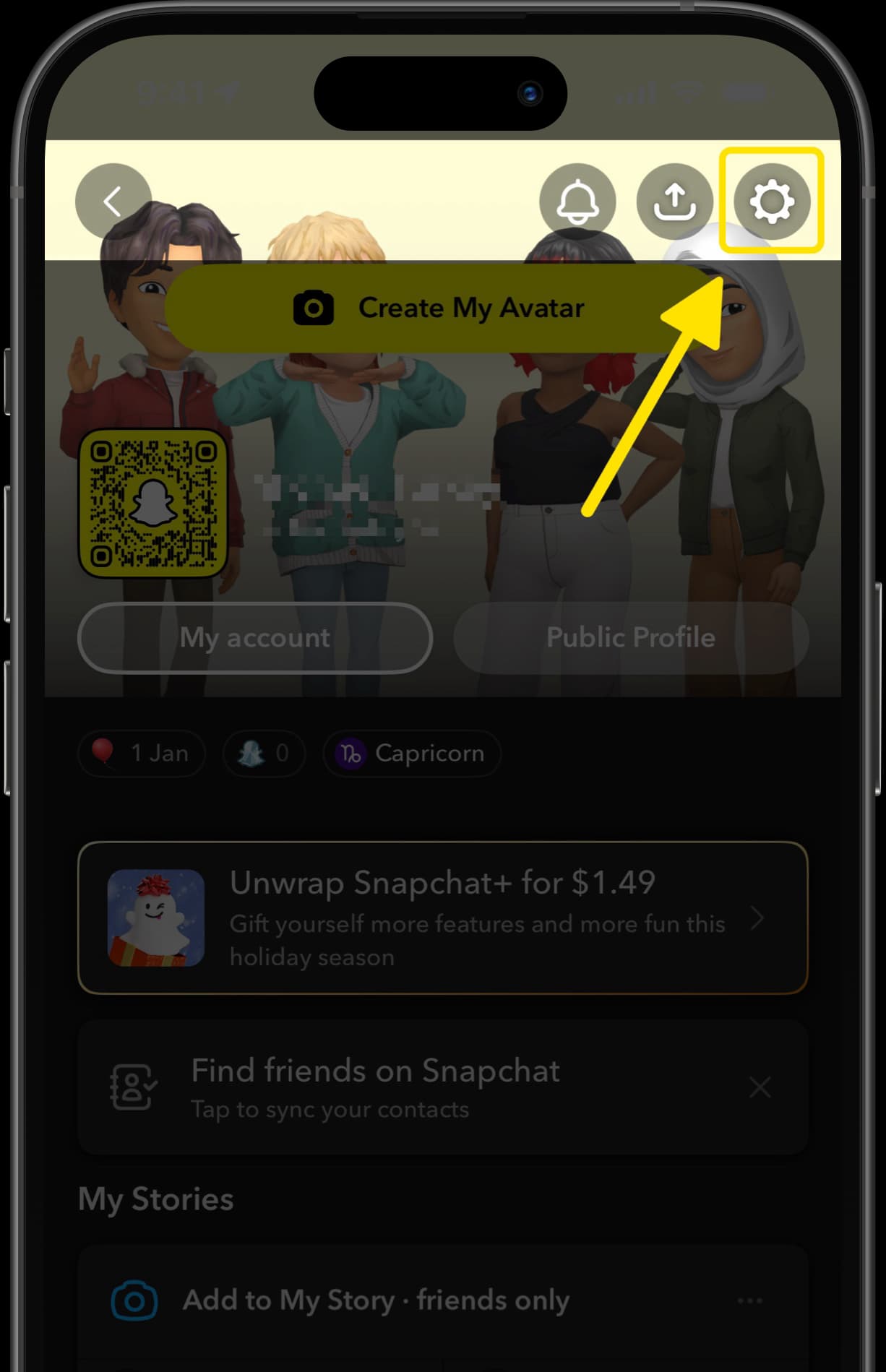 Snapchat profile screen with arrow pointing to settings gear icon.