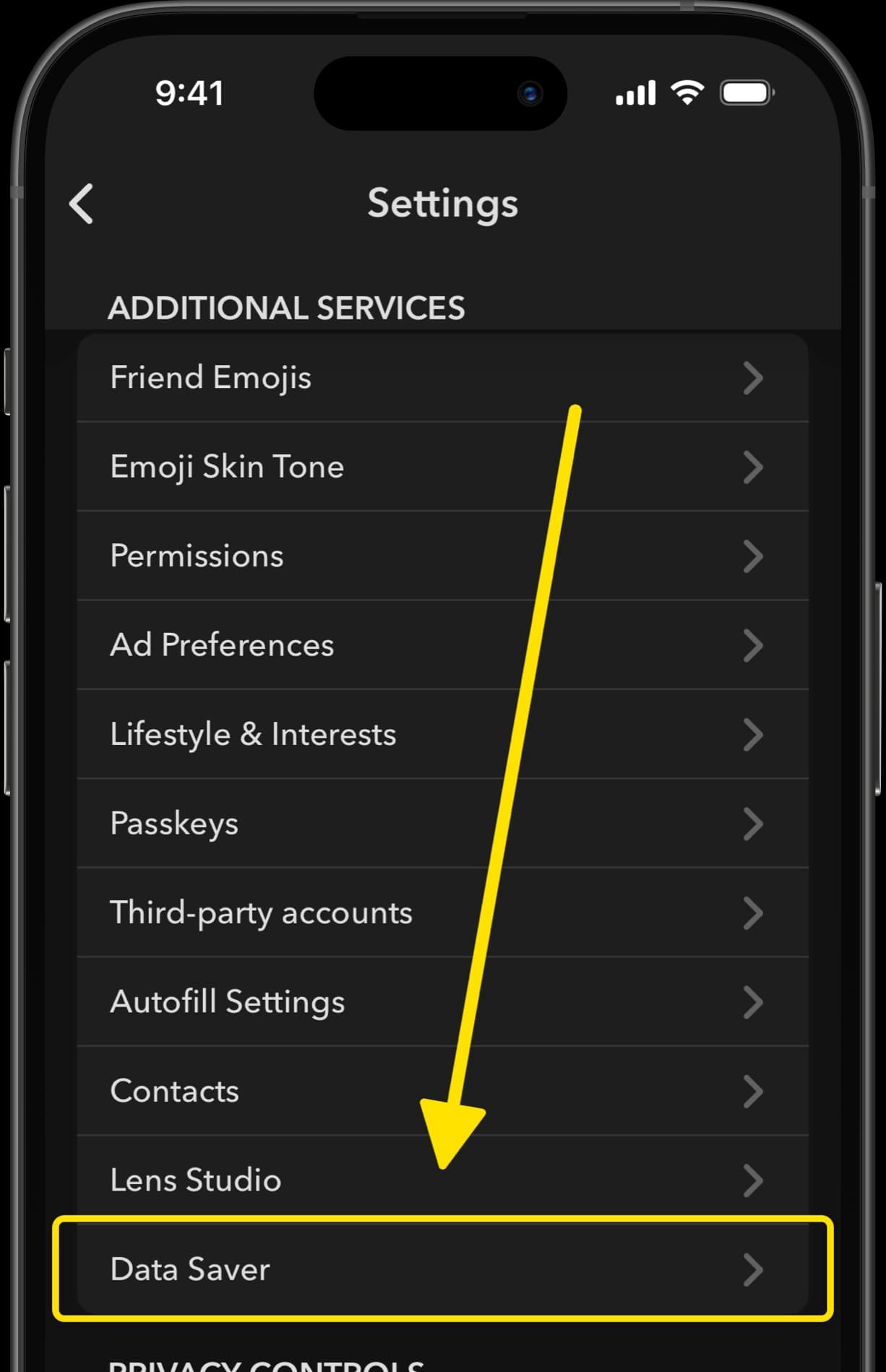 Snapchat Settings menu with arrow pointing to Data Saver option under Additional Services.