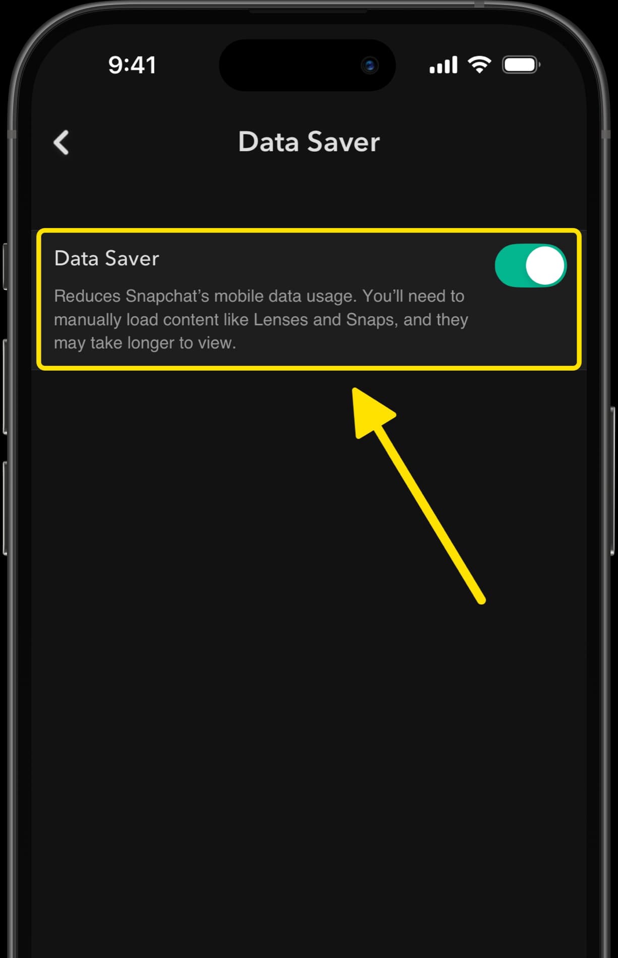 Data Saver screen with toggle enabled and arrow pointing to description about manually loading content.