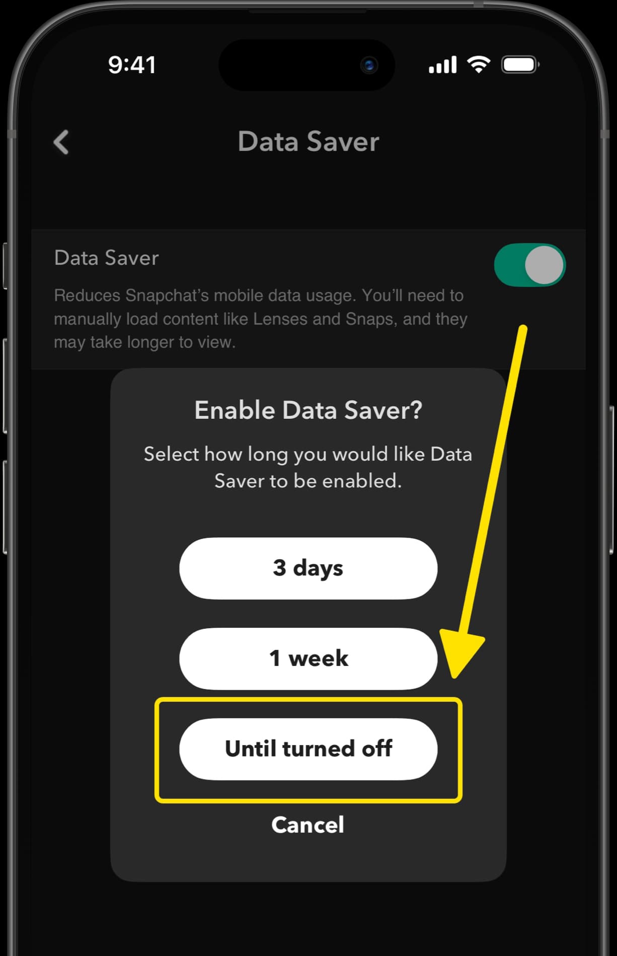 Enable Data Saver options with arrow pointing to 'Until turned off' selection.