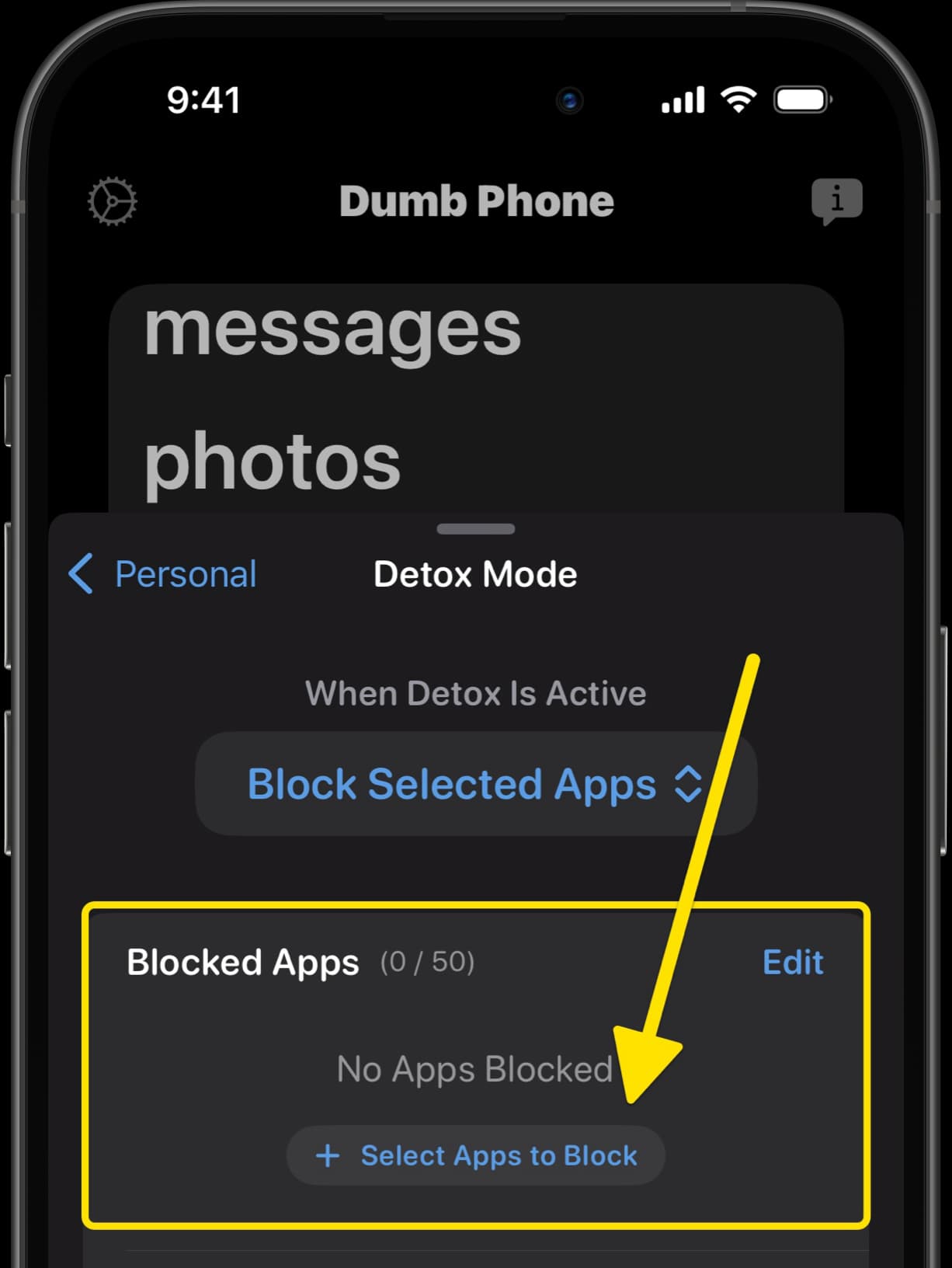 Dumb Phone Detox Mode screen with arrow indicating option to select apps to block.