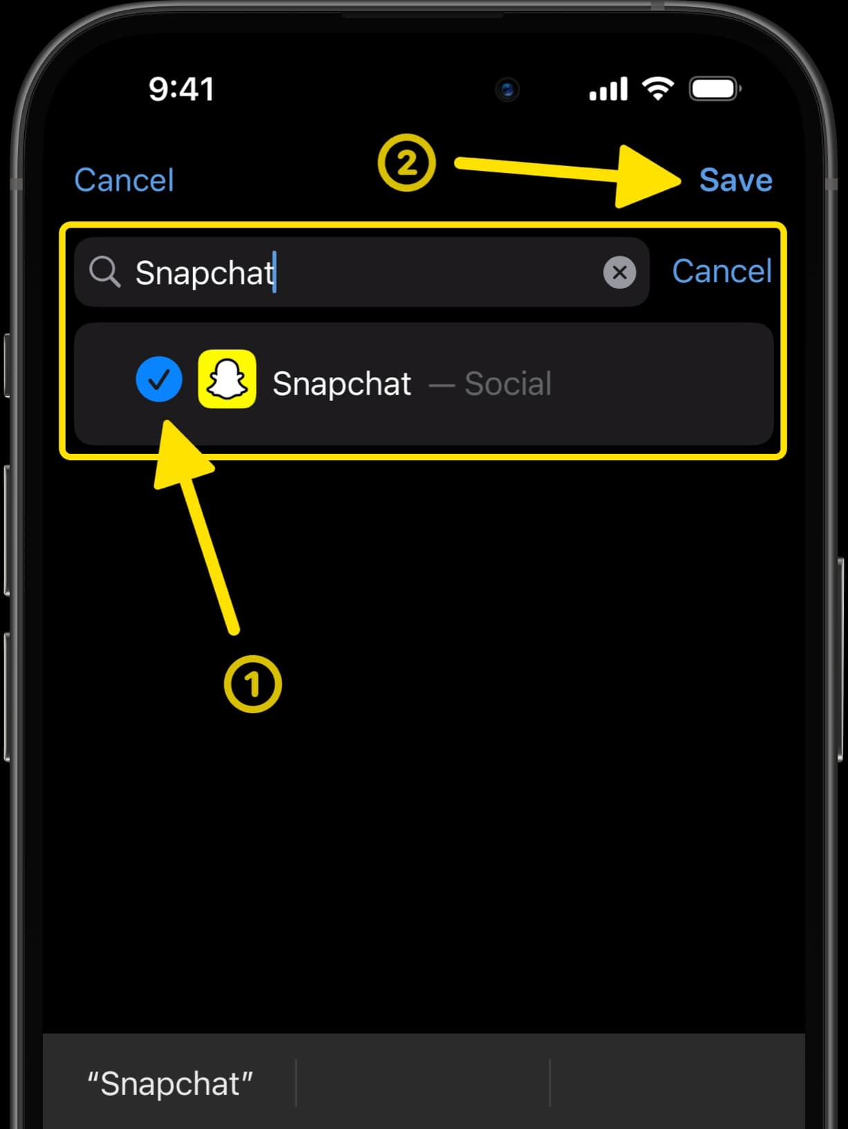 Search for Snapchat in Screen Time list with arrow pointing to Save button after selection.