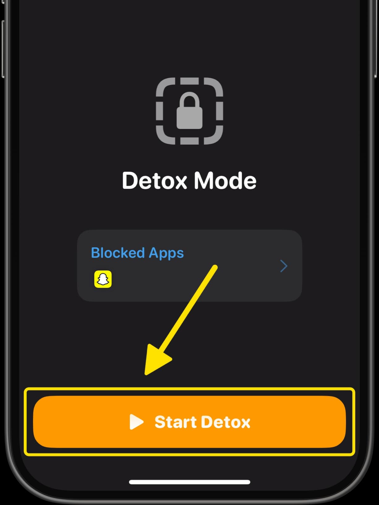 Dumb Phone Detox Mode screen showing Snapchat listed under Blocked Apps with Start Detox button highlighted.