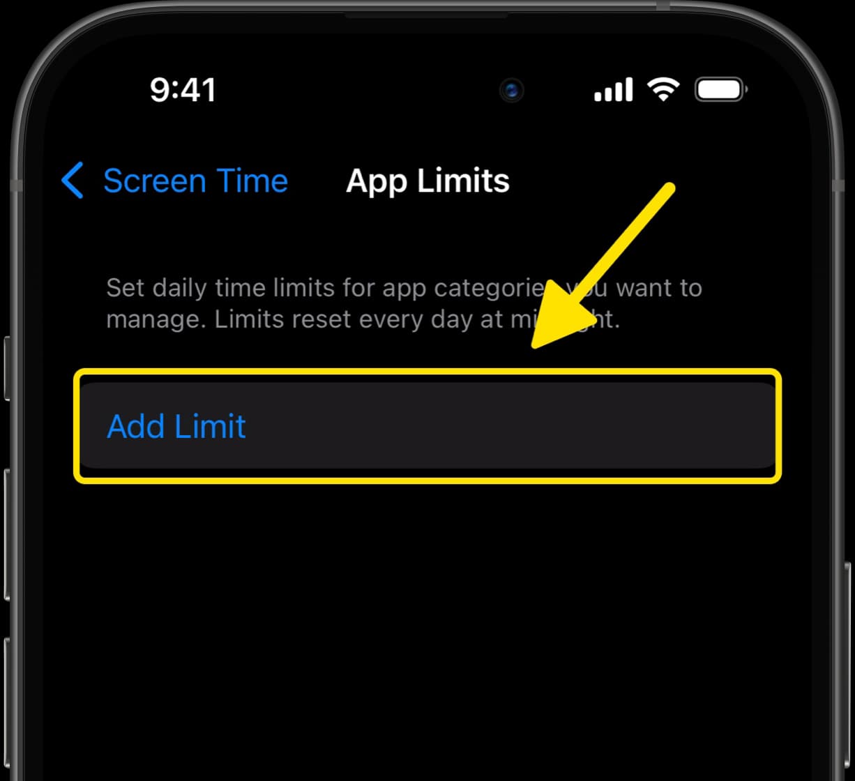 App Limits screen with an arrow indicating the Add Limit button.