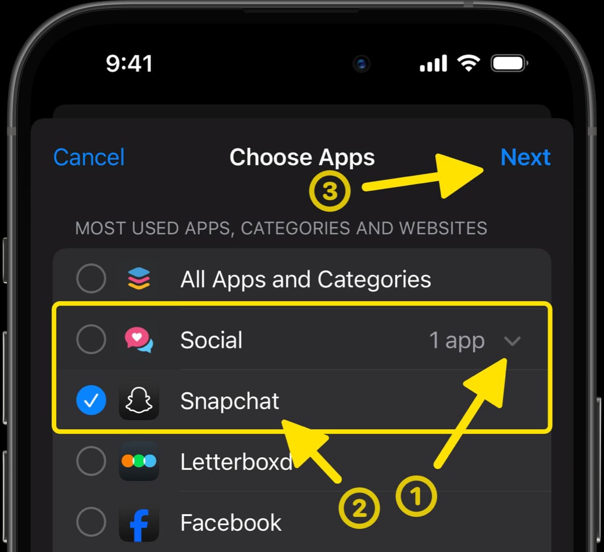 Choose Apps screen, highlighting Snapchat under Social category with steps to select and proceed.