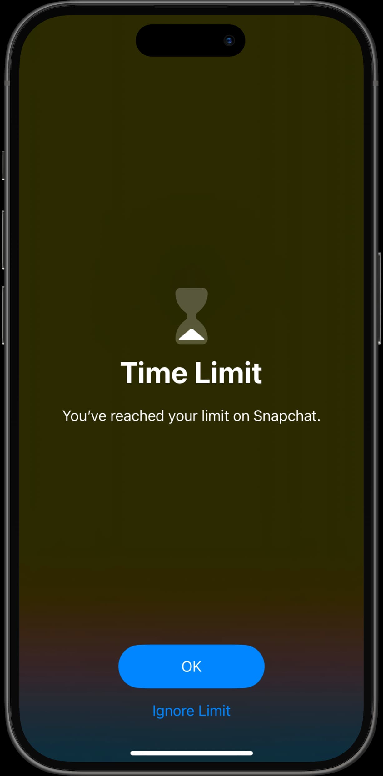 Time Limit notification on iPhone indicating Snapchat usage limit reached.