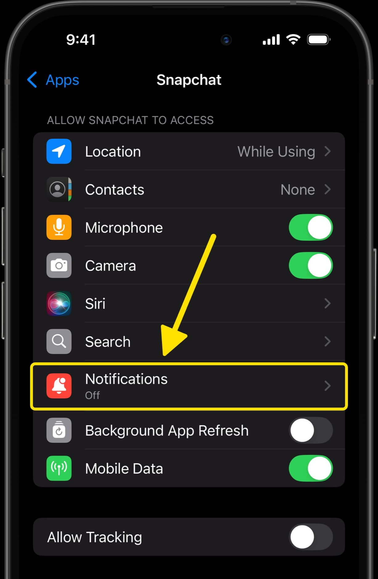 Snapchat settings with arrows pointing to Notifications and Background App Refresh options.