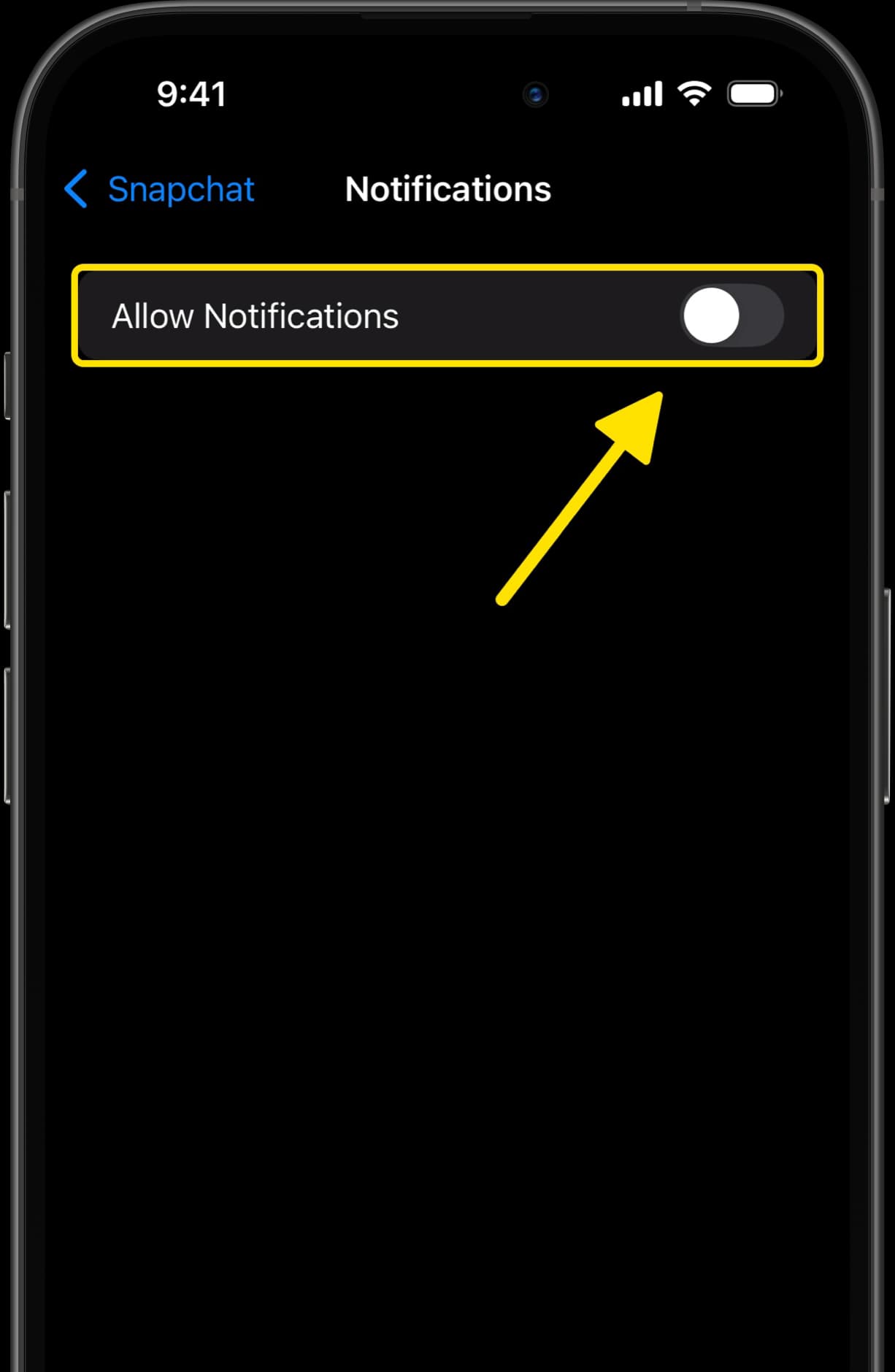 Snapchat Notifications settings with arrow pointing to Allow Notifications toggle switched off.