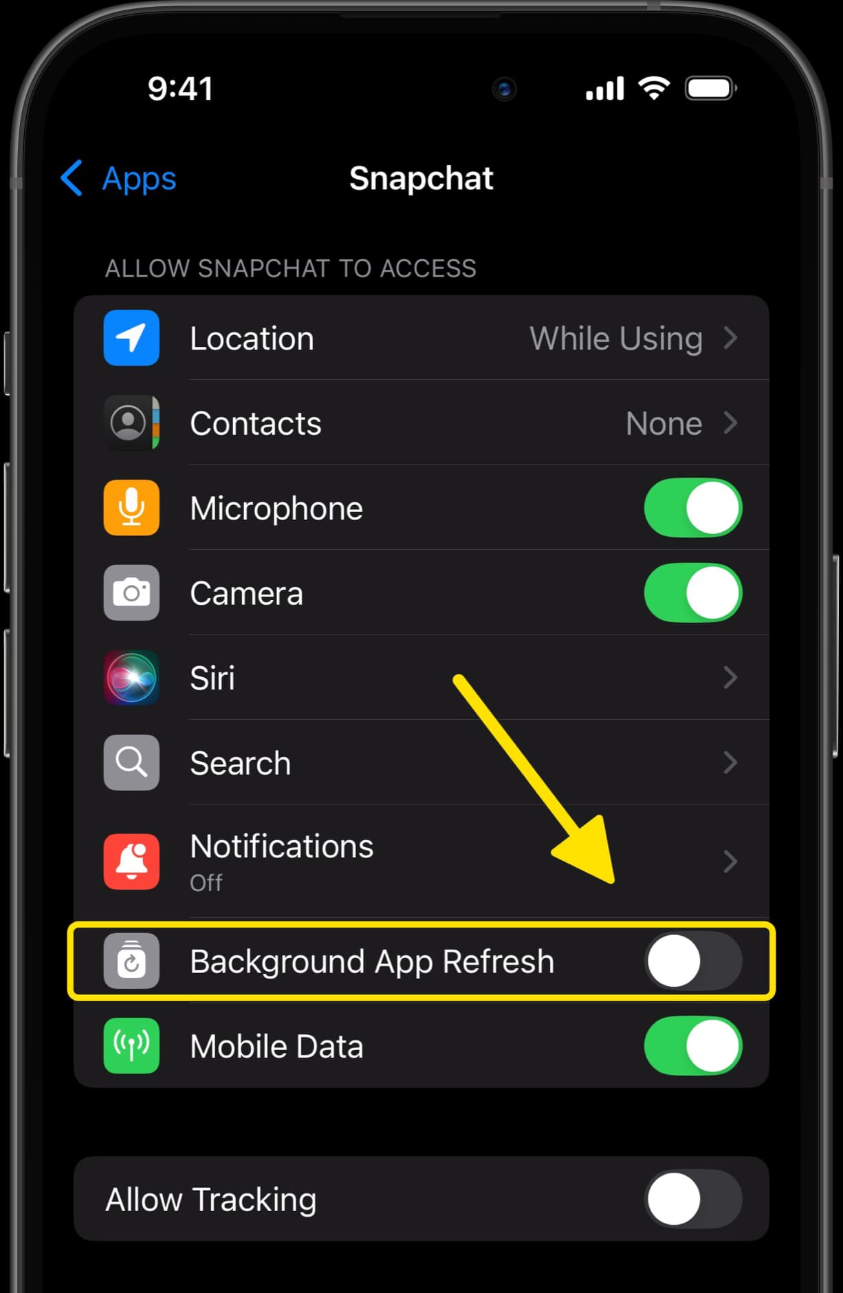 Snapchat settings with arrow pointing to Background App Refresh option, showing it turned off.