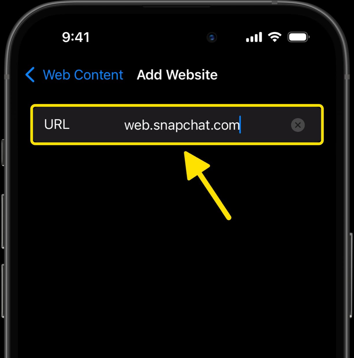 Add Website screen with web.snapchat.com typed in URL field and highlighted.