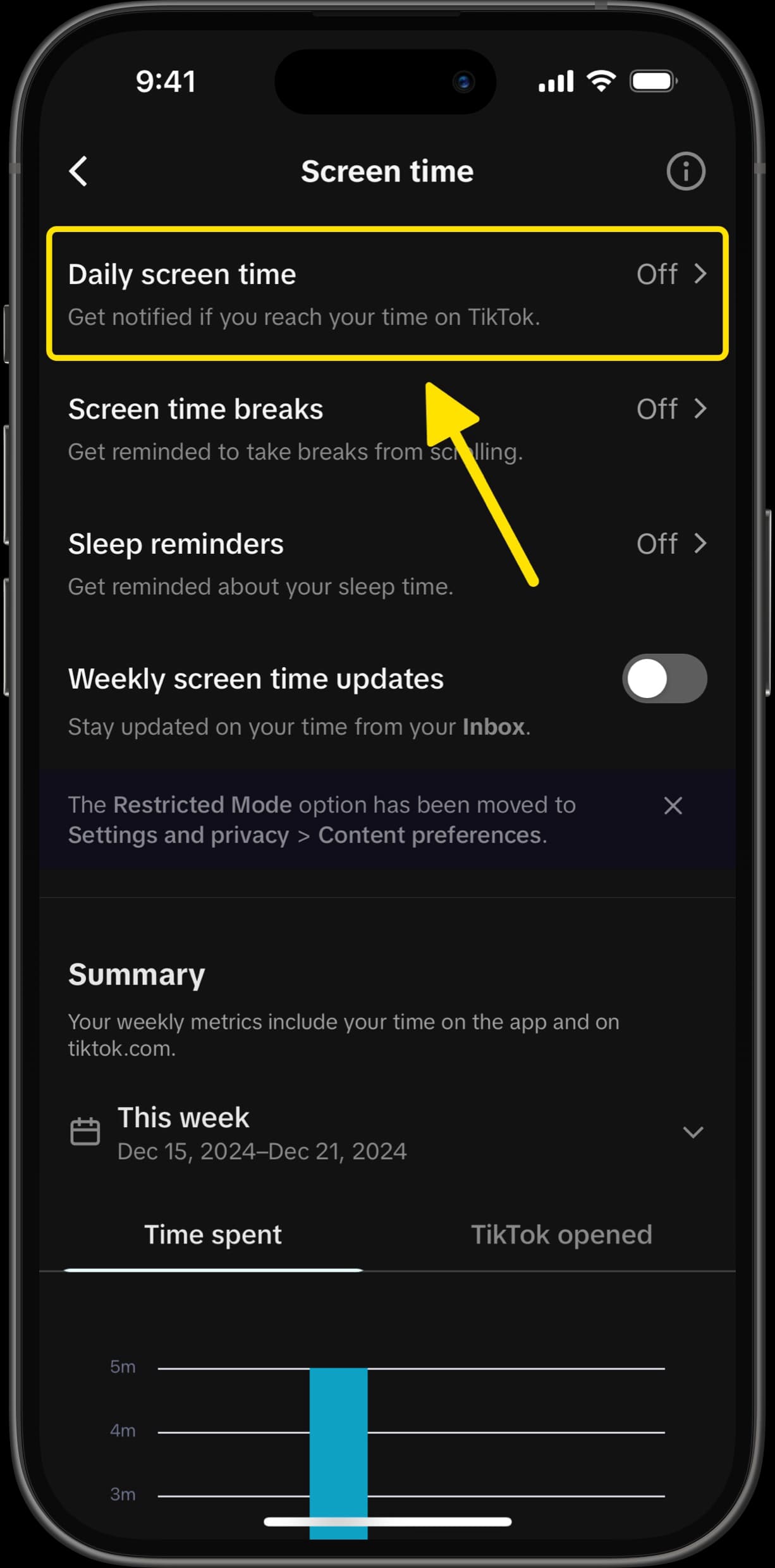 TikTok Screen Time settings with arrow pointing to Daily screen time option.