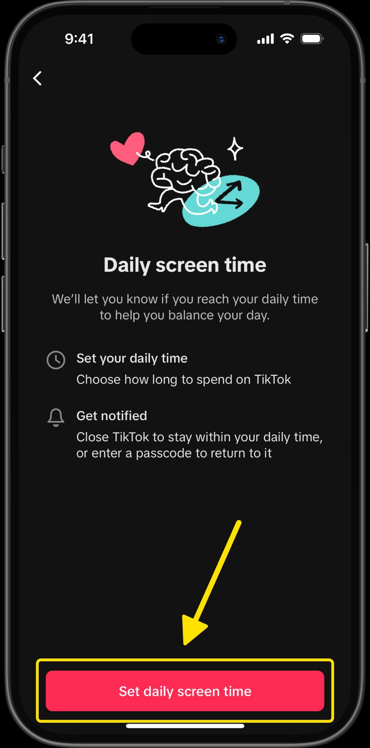 Daily screen time setup page with arrow pointing to Set daily screen time button.