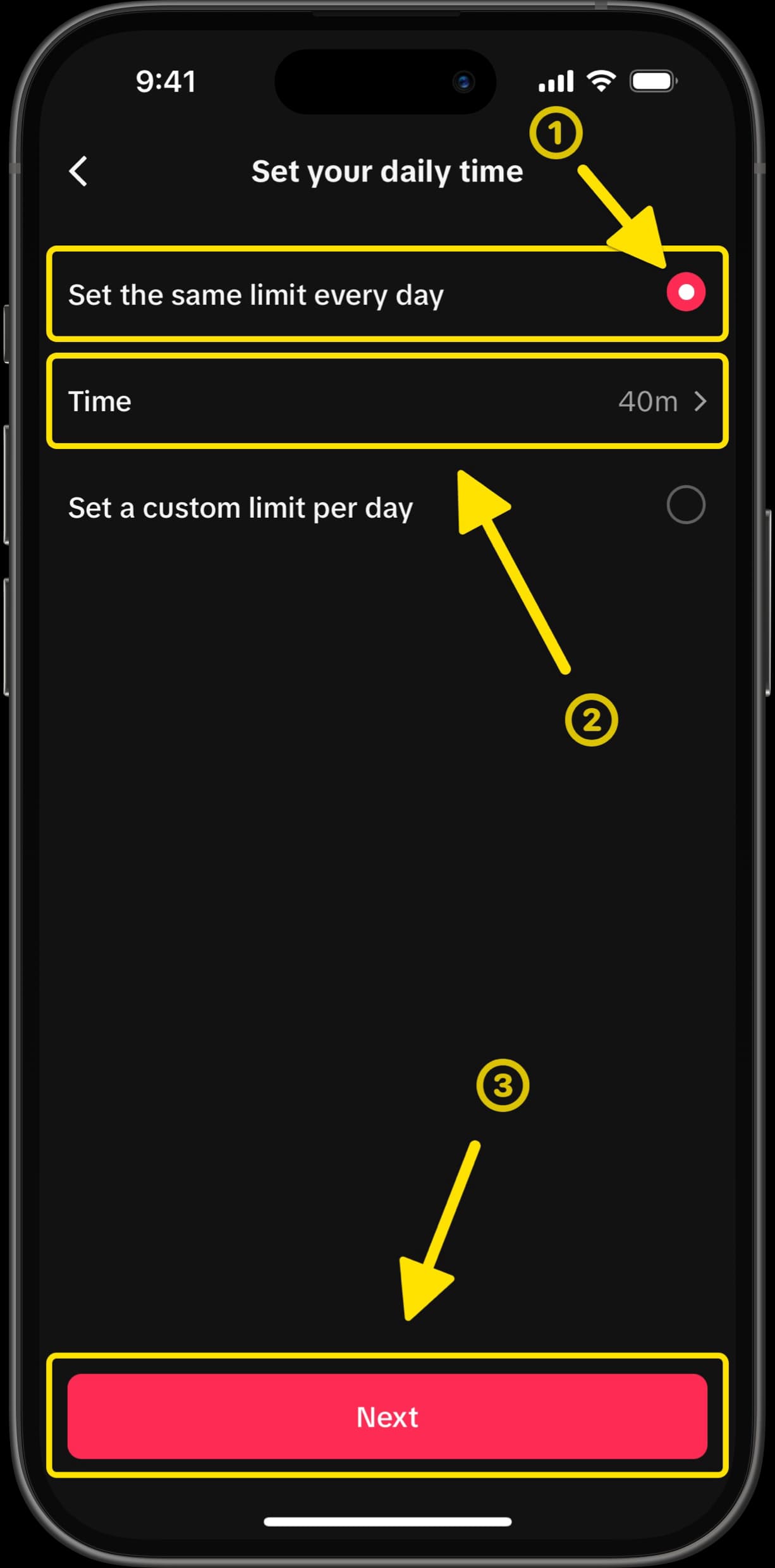 Set your daily time screen with options to set the same limit every day, and arrow pointing to Next button.